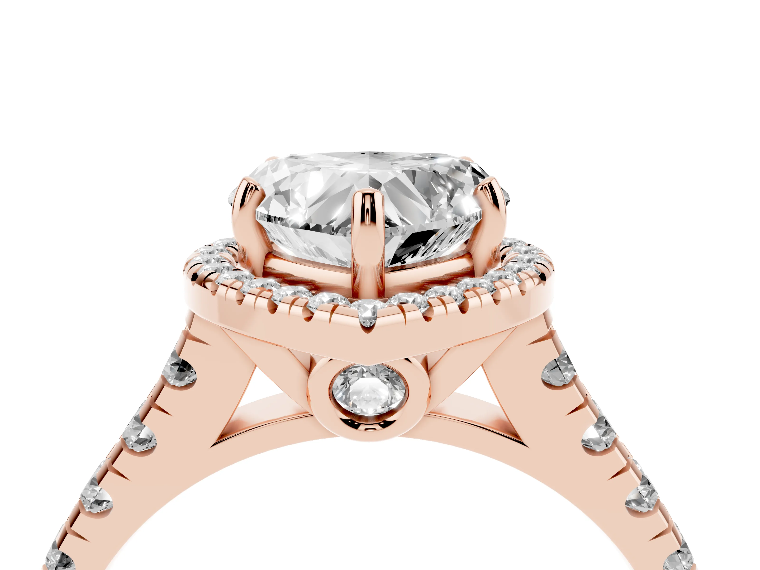 Heart Cut Diamond Halo Engagement Ring Set in Rose gold with Pavé Band and Prong-Set Center