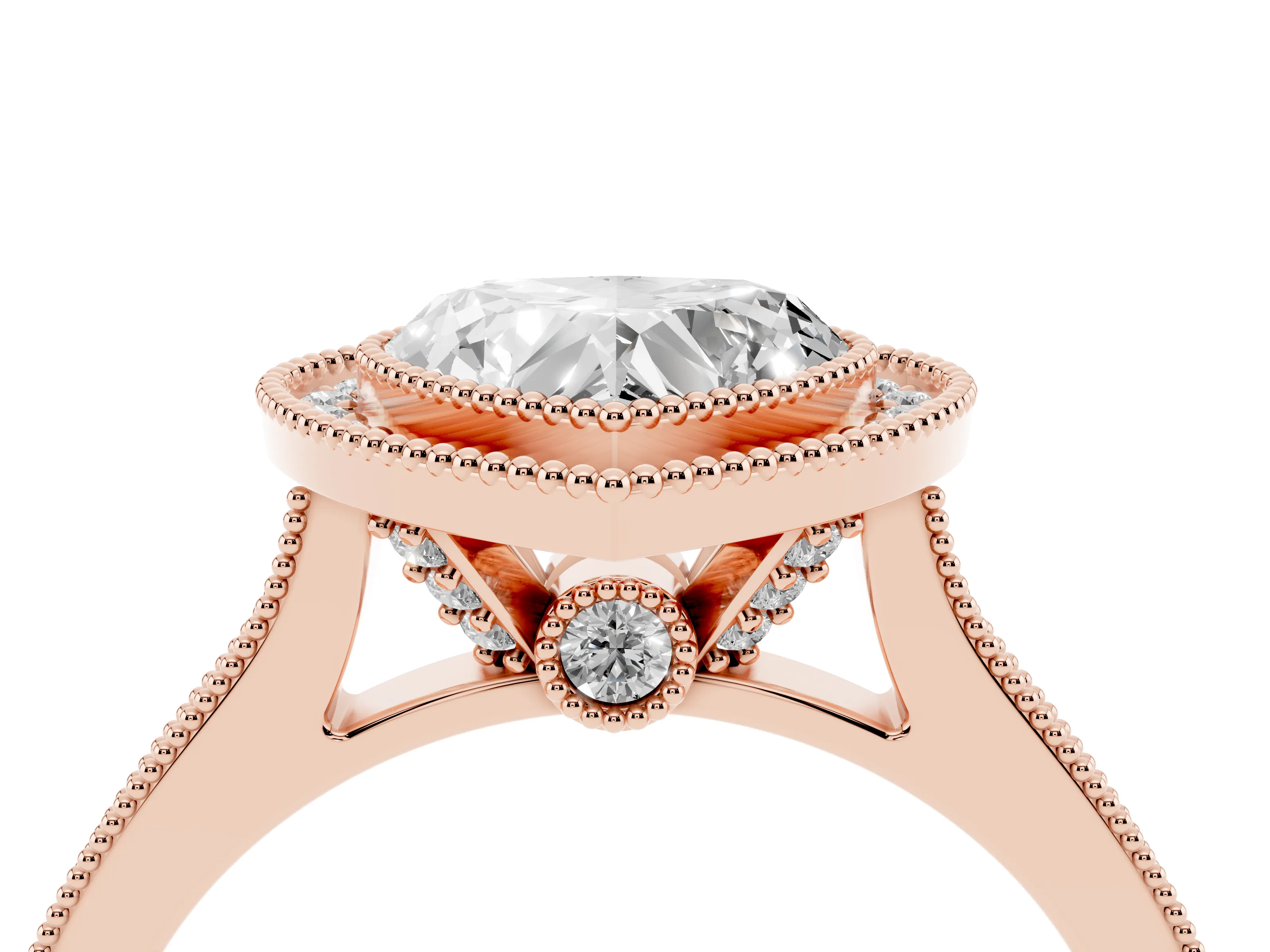Heart Cut Diamond Halo Milgrain Pavé Band Ring Set in Rose gold with Prong Setting