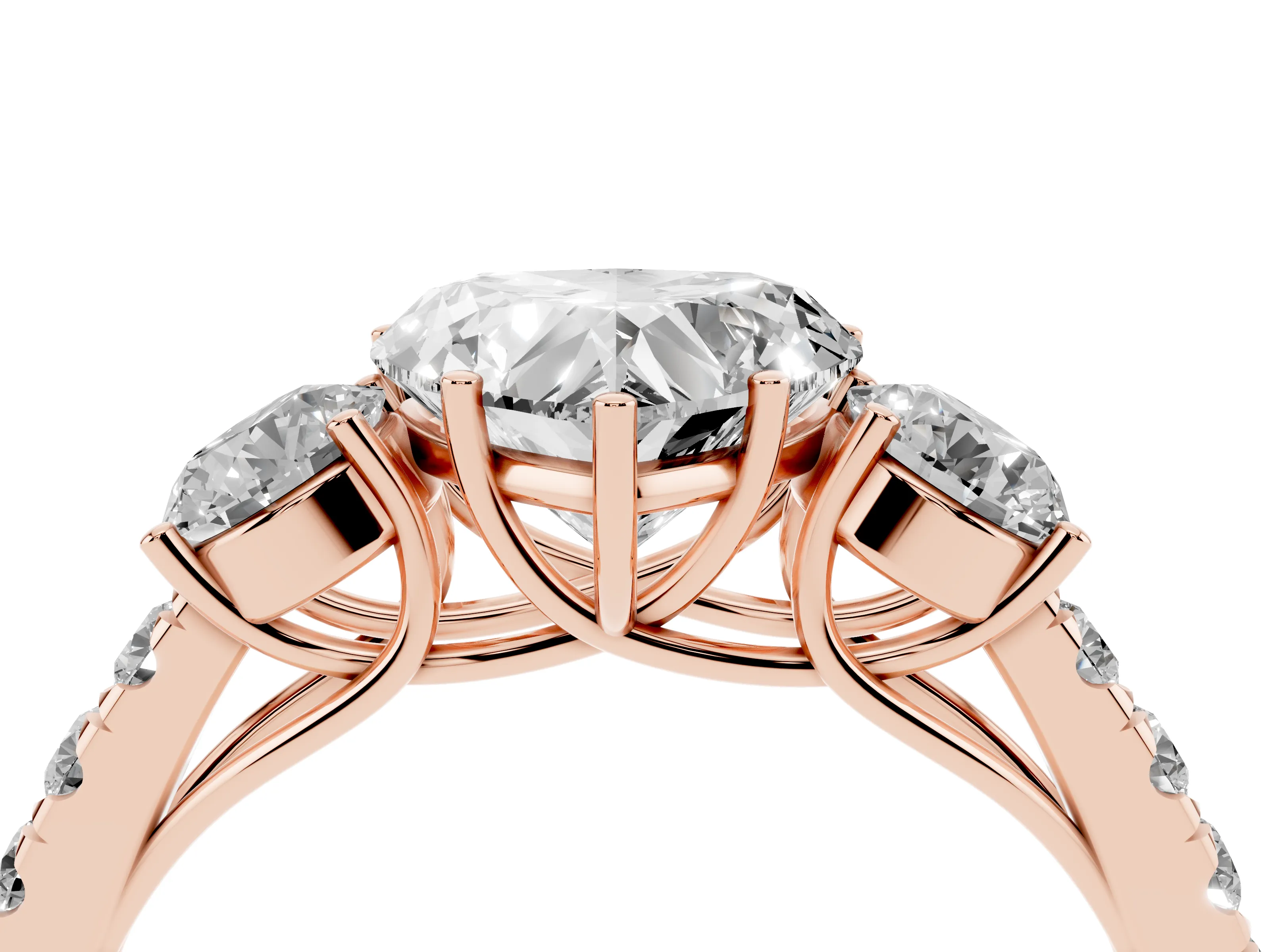 Heart Cut Diamond Three-Stone Ring Set in Rose gold with Round Side Stones and Delicate Pavé Band