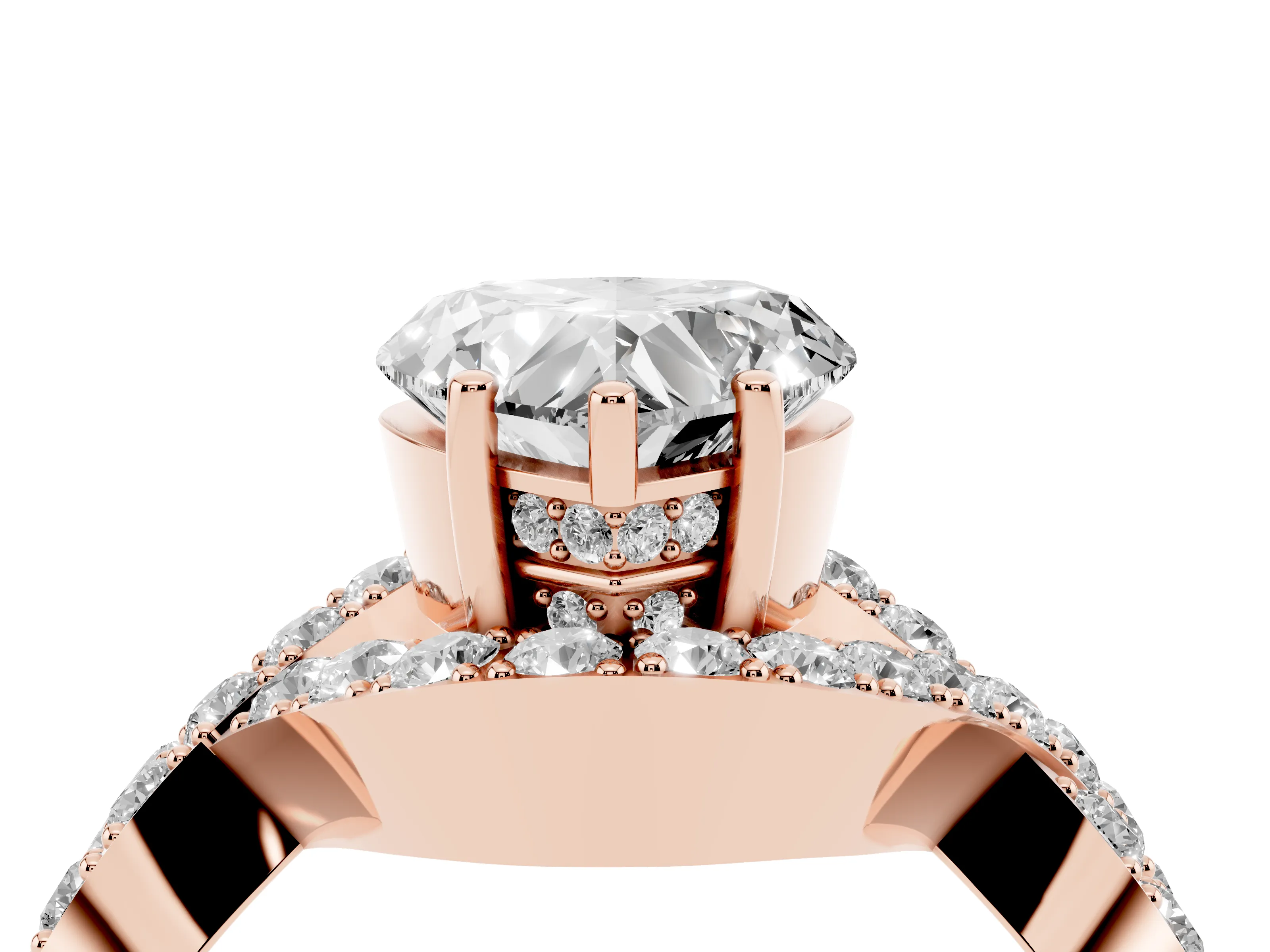 Heart Cut Diamond Solitaire Twist Band Pavé Engagement Ring Set in Rose gold
