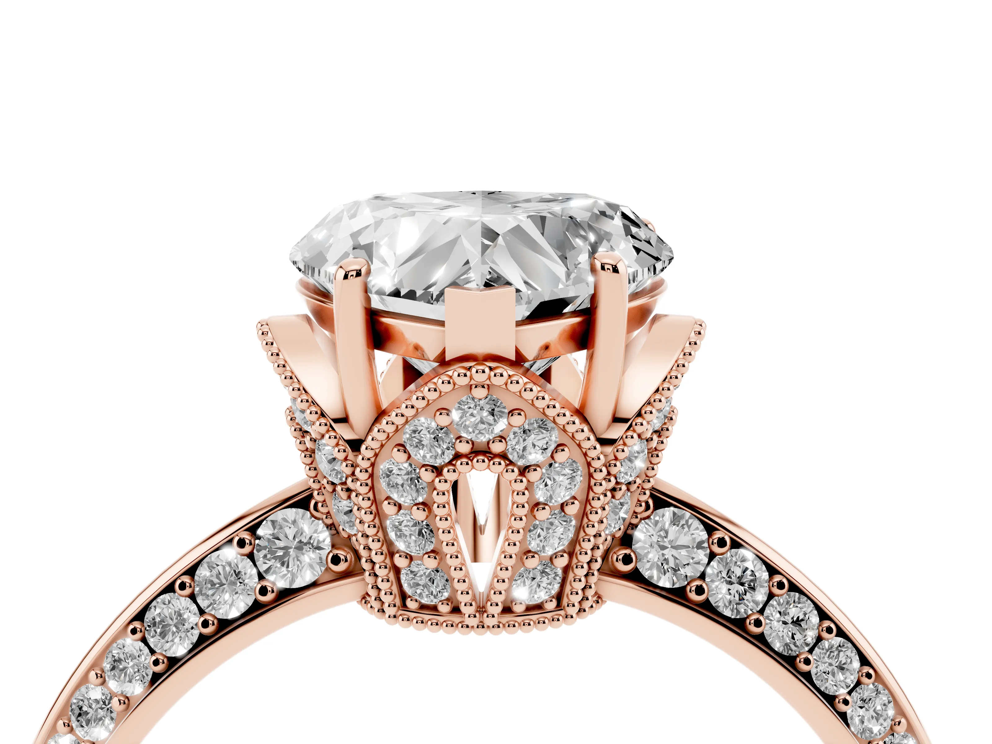 Heart Cut Diamond Solitaire Engagement Ring Set in Rose gold with Pavé Split Shank and Prong Setting