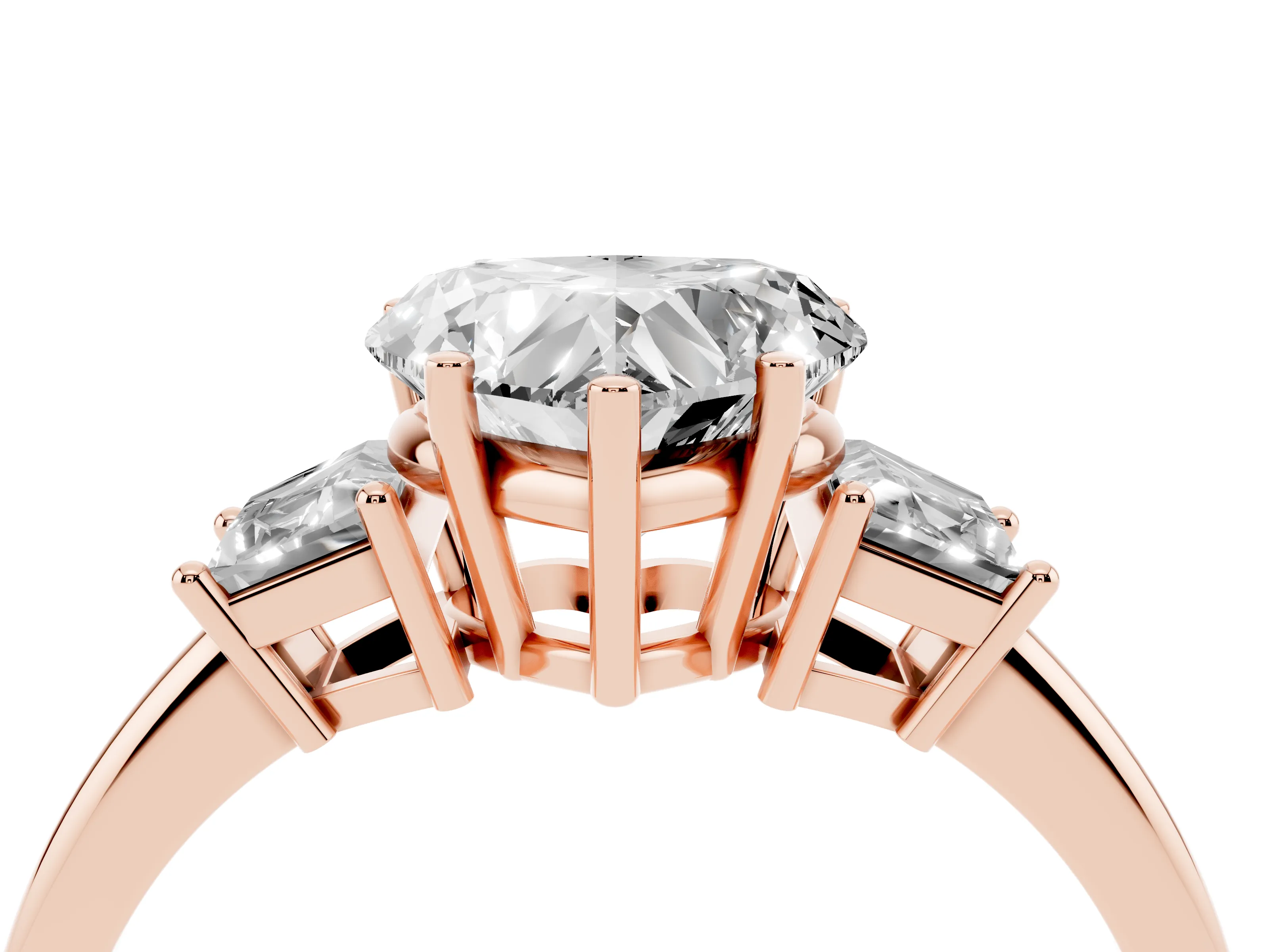 Heart Cut Diamond Three-Stone Ring Set in Rose gold with Trapezoid Side Stones and Prong Setting