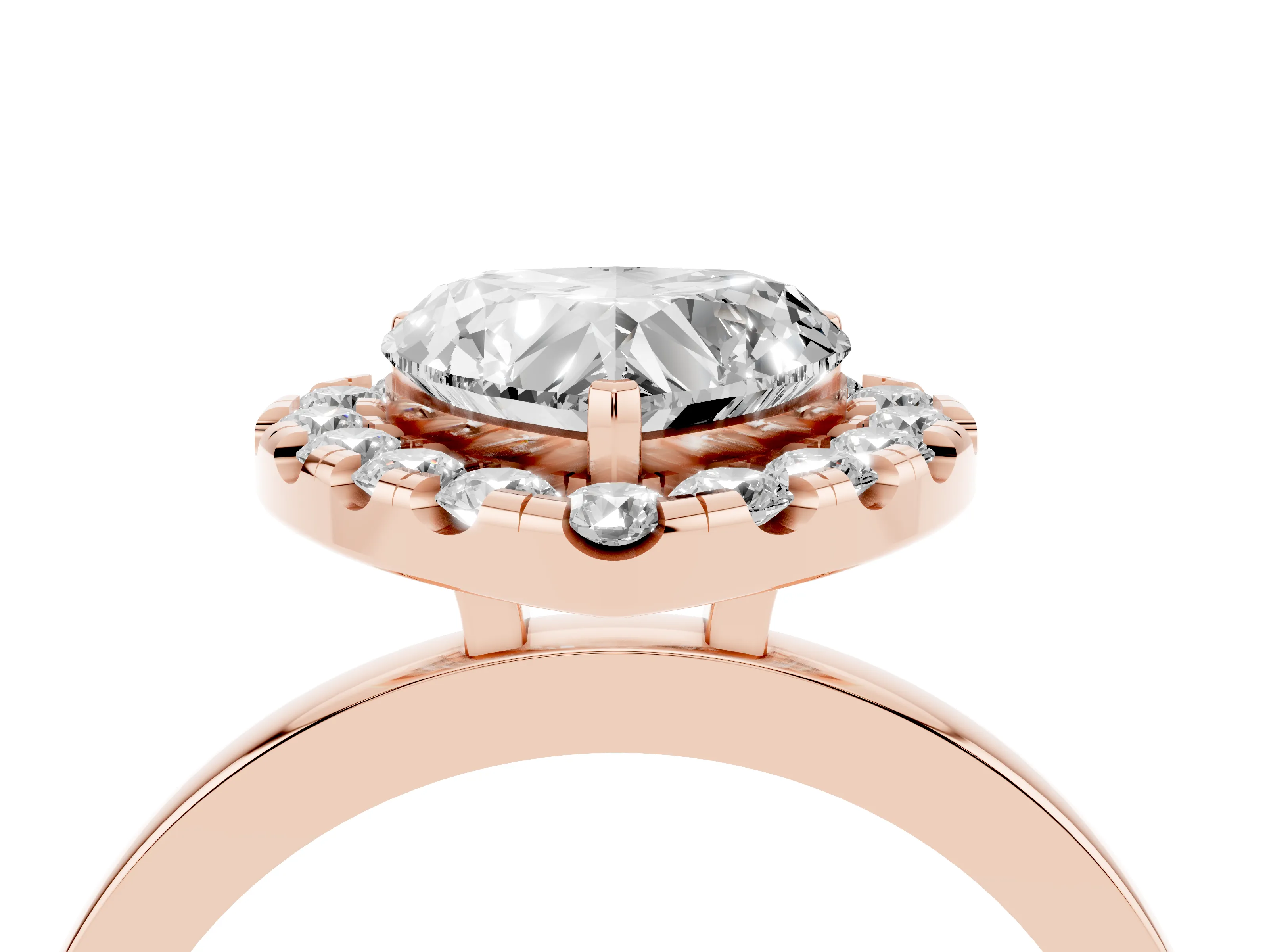 Heart Cut Diamond Halo Solitaire Ring Set in Rose gold with Pavé Band and Prong Setting