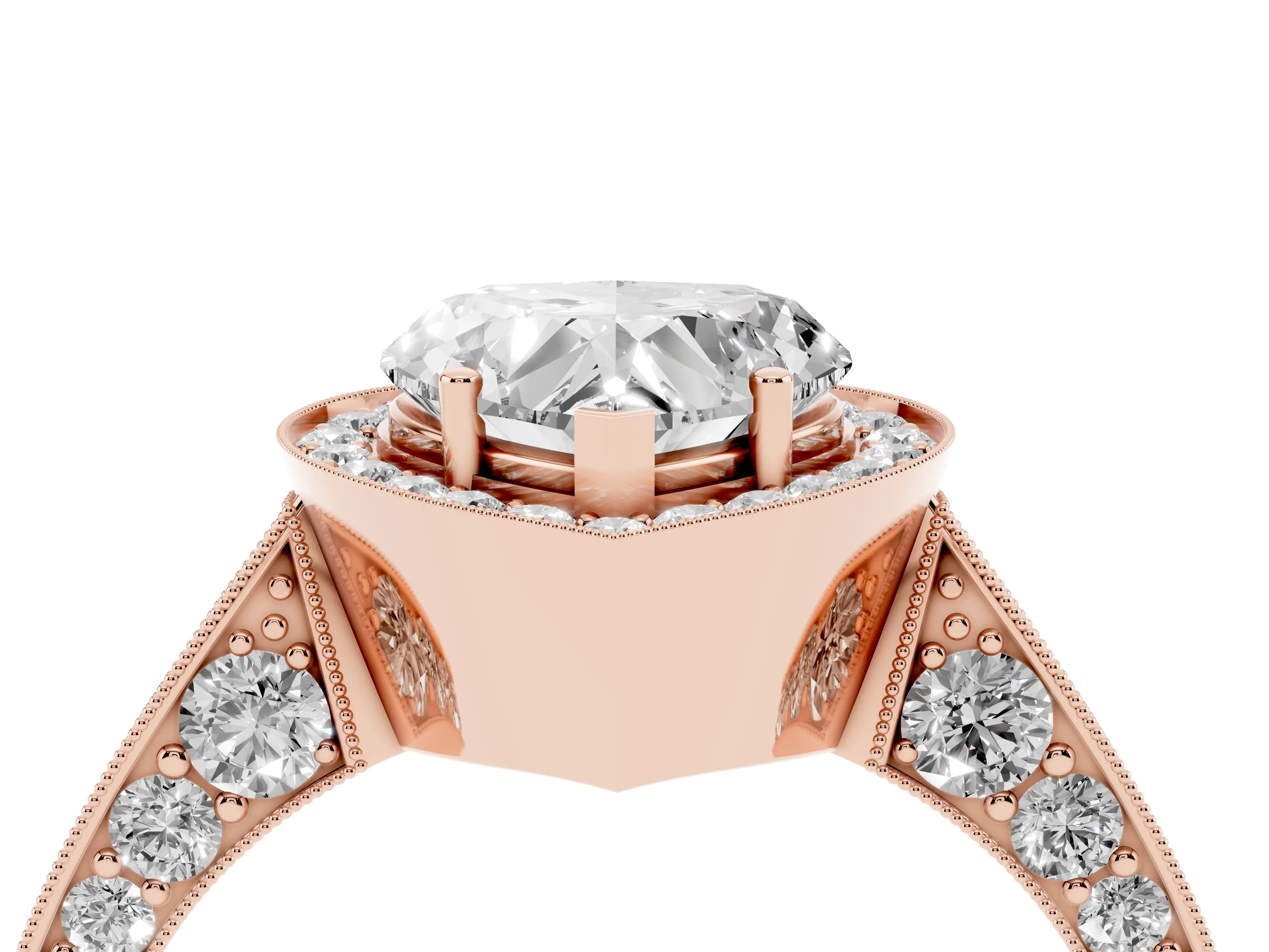 Heart Cut Diamond Halo Engagement Ring Set in Rose gold with Accent Split Shank Band