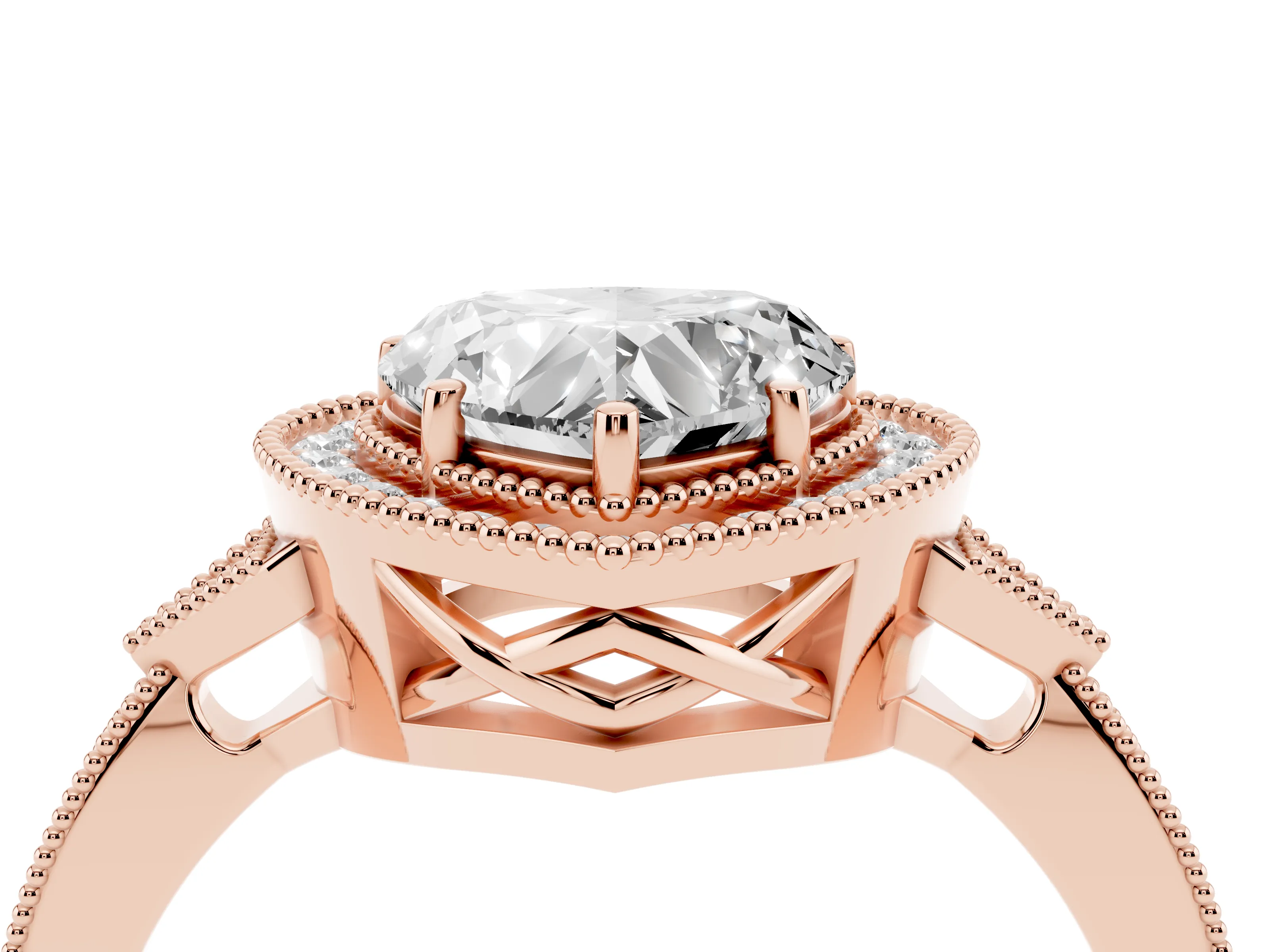 Heart Cut Diamond Halo Engagement Ring Set in Rose gold with Milgrain Pavé Band