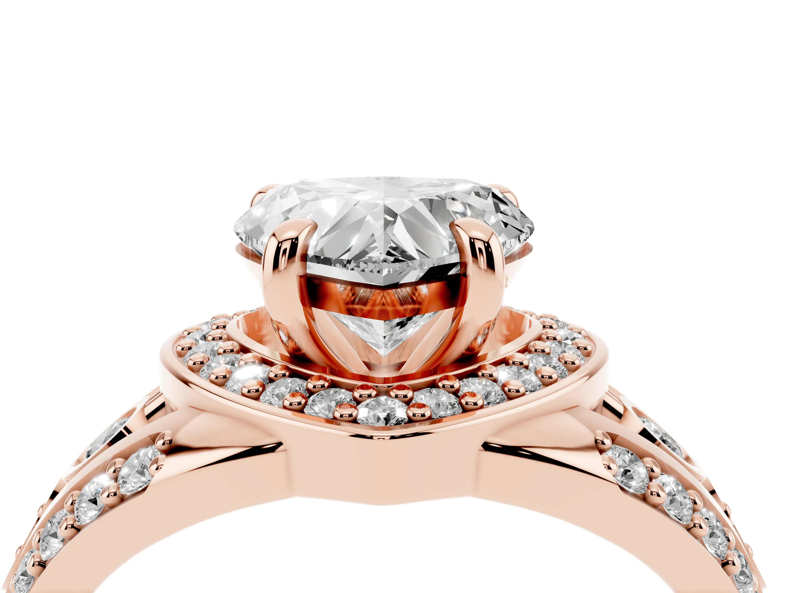 Heart Cut Diamond Halo Ring Set in Rose gold with Pavé Split Shank and Bezel Accents