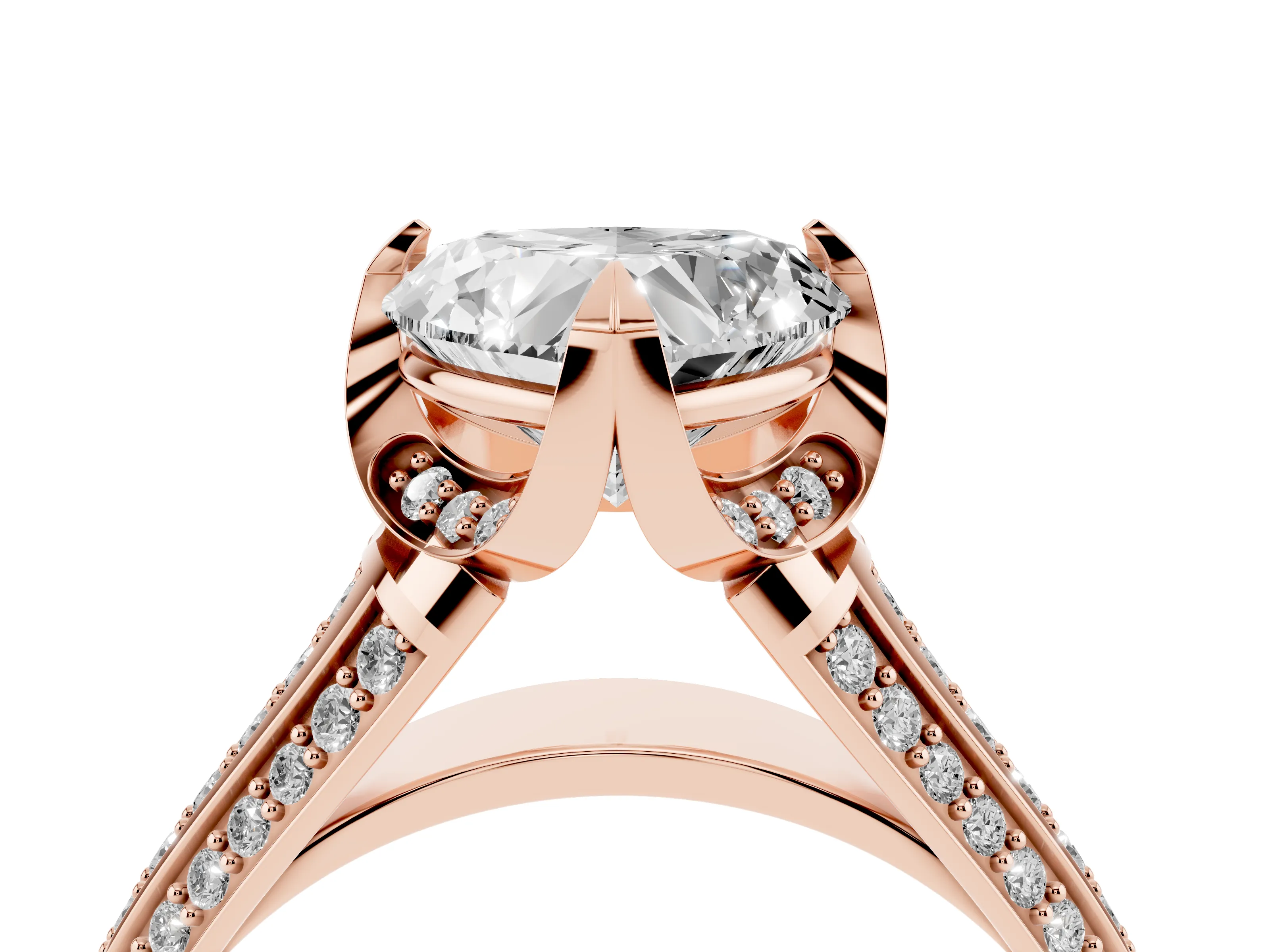 Heart Cut Diamond Pavé Split Shank Solitaire Ring Set in Rose gold with Prong Setting