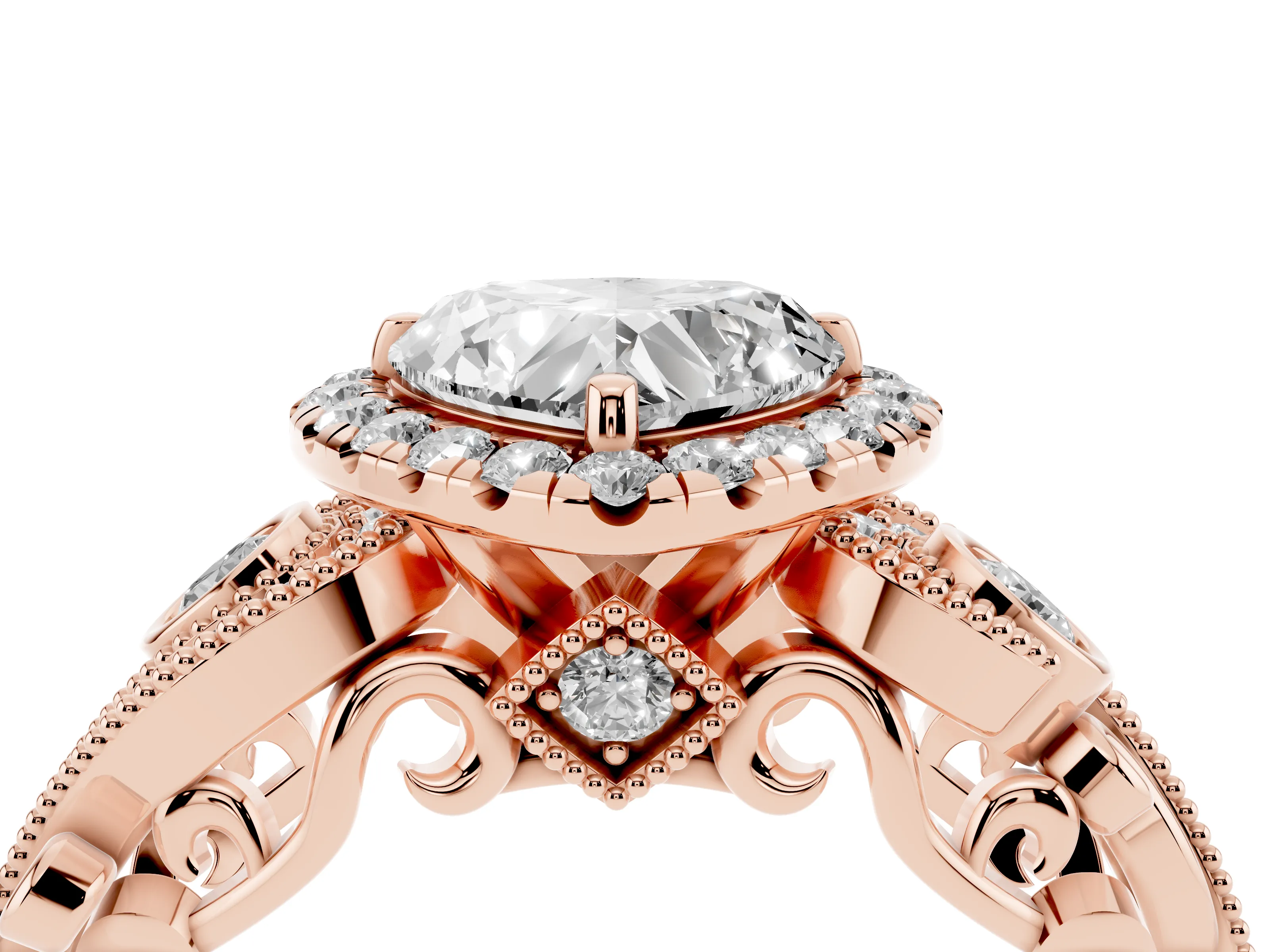 Heart Cut Diamond Halo Ring Set in Rose gold with Milgrain Pavé Band and Prong Setting