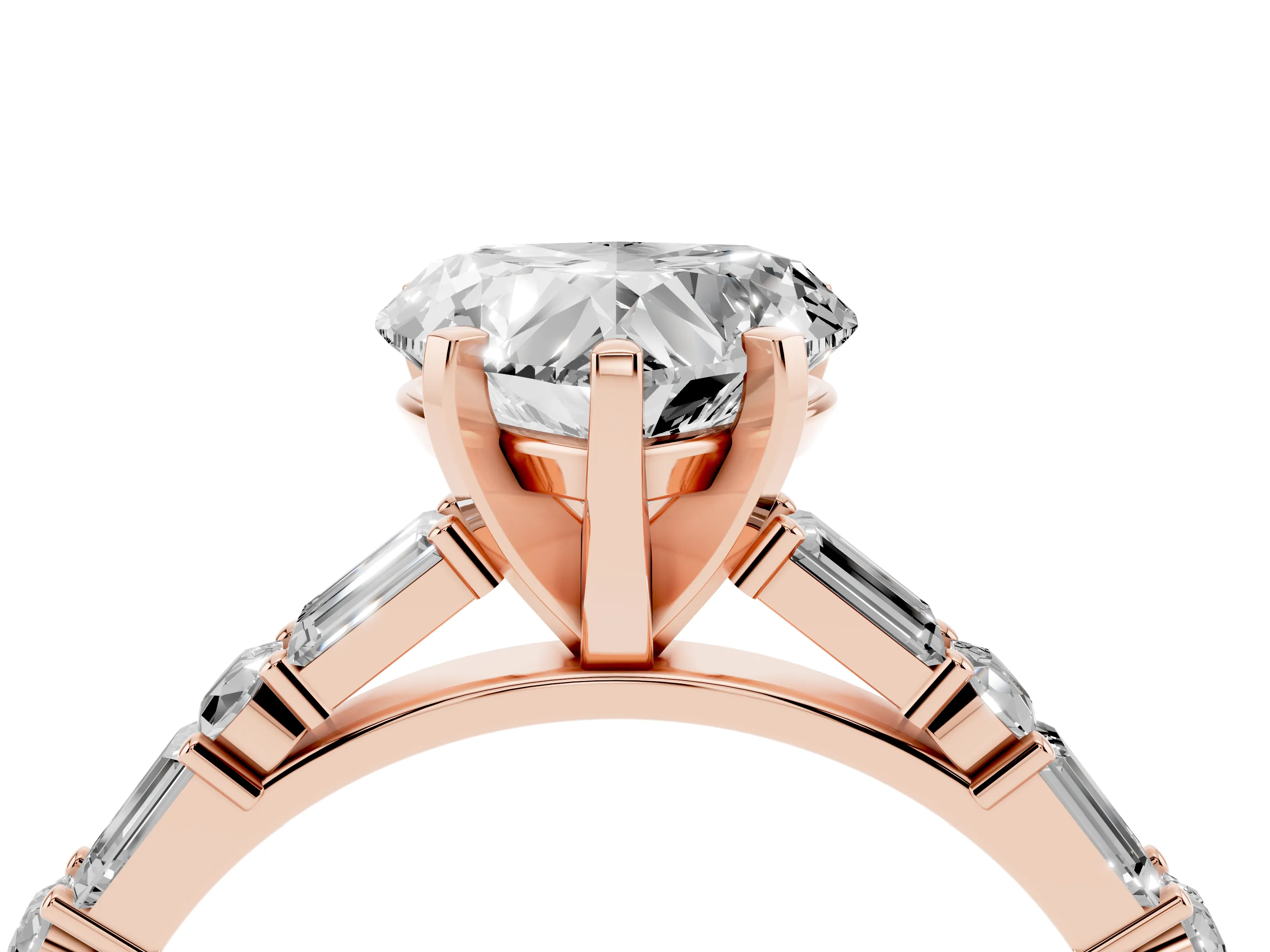 Heart Cut Diamond Solitaire Set in Rose gold with Side Baguettes and Channel Set Band