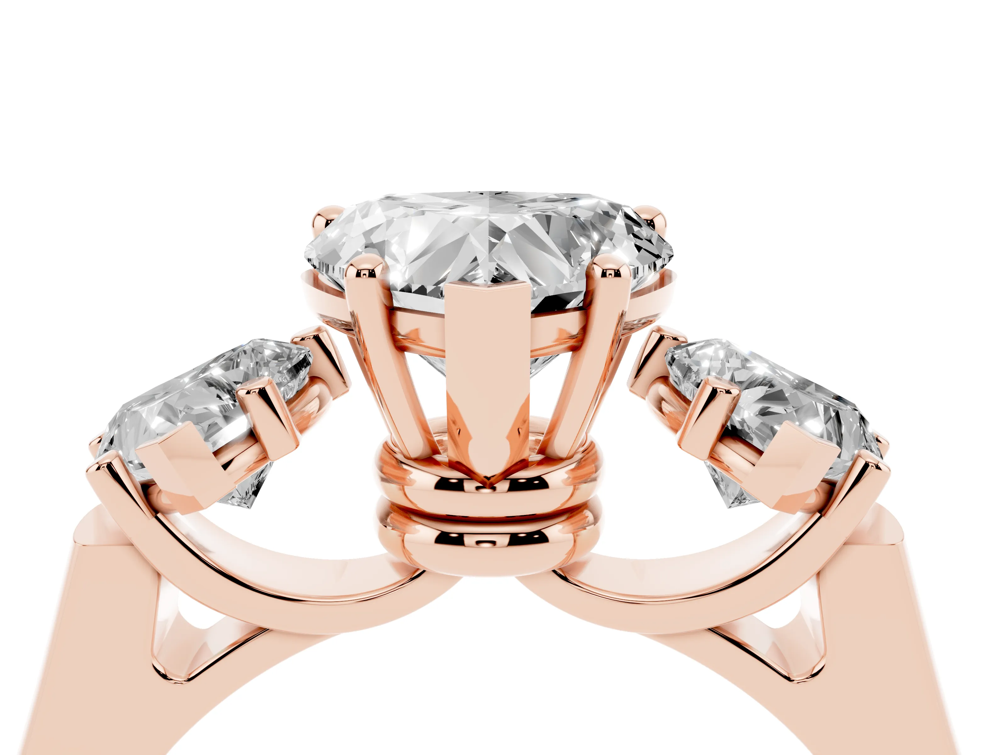 Heart Cut Diamond Three-Stone Trellis Ring Set in Rose gold with Comfort Fit Band