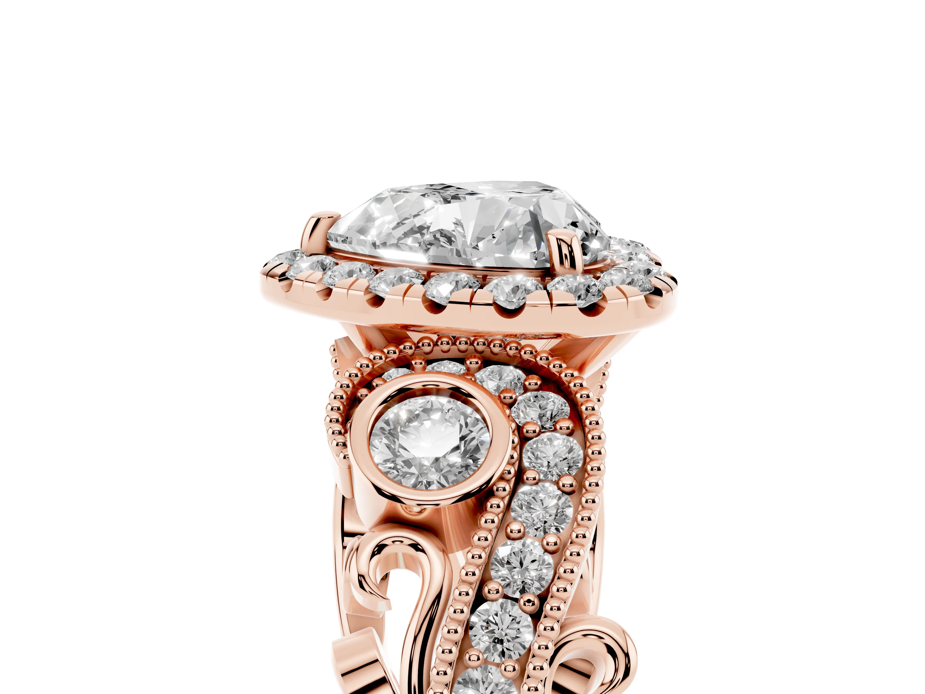 Heart Cut Diamond Halo Ring Set in Rose gold with Milgrain Pavé Band and Prong Setting