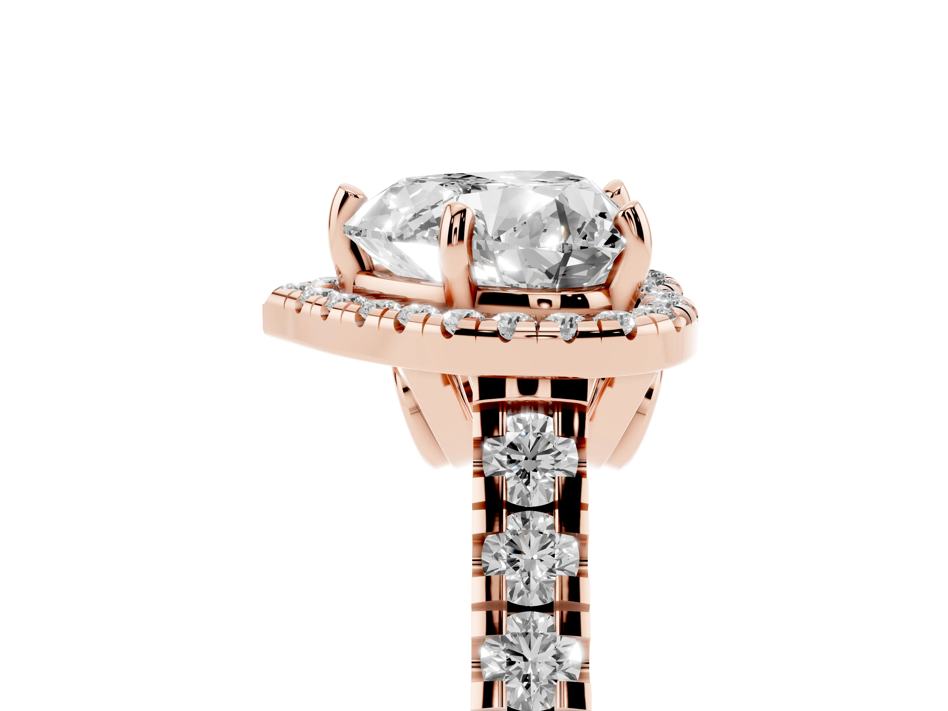 Heart Cut Diamond Halo Engagement Ring Set in Rose gold with Pavé Band and Prong-Set Center