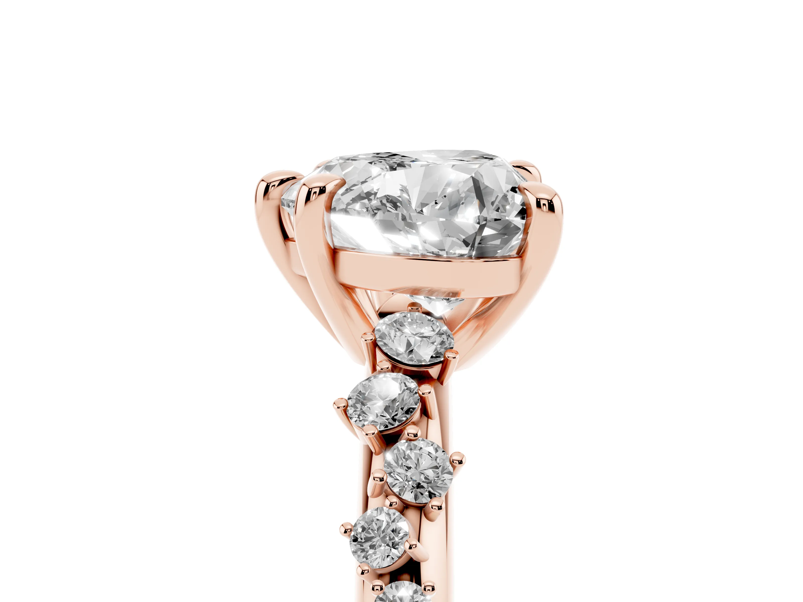 Heart Cut Diamond Solitaire Vine Band Ring Set in Rose gold with Round Accents and Prong Setting