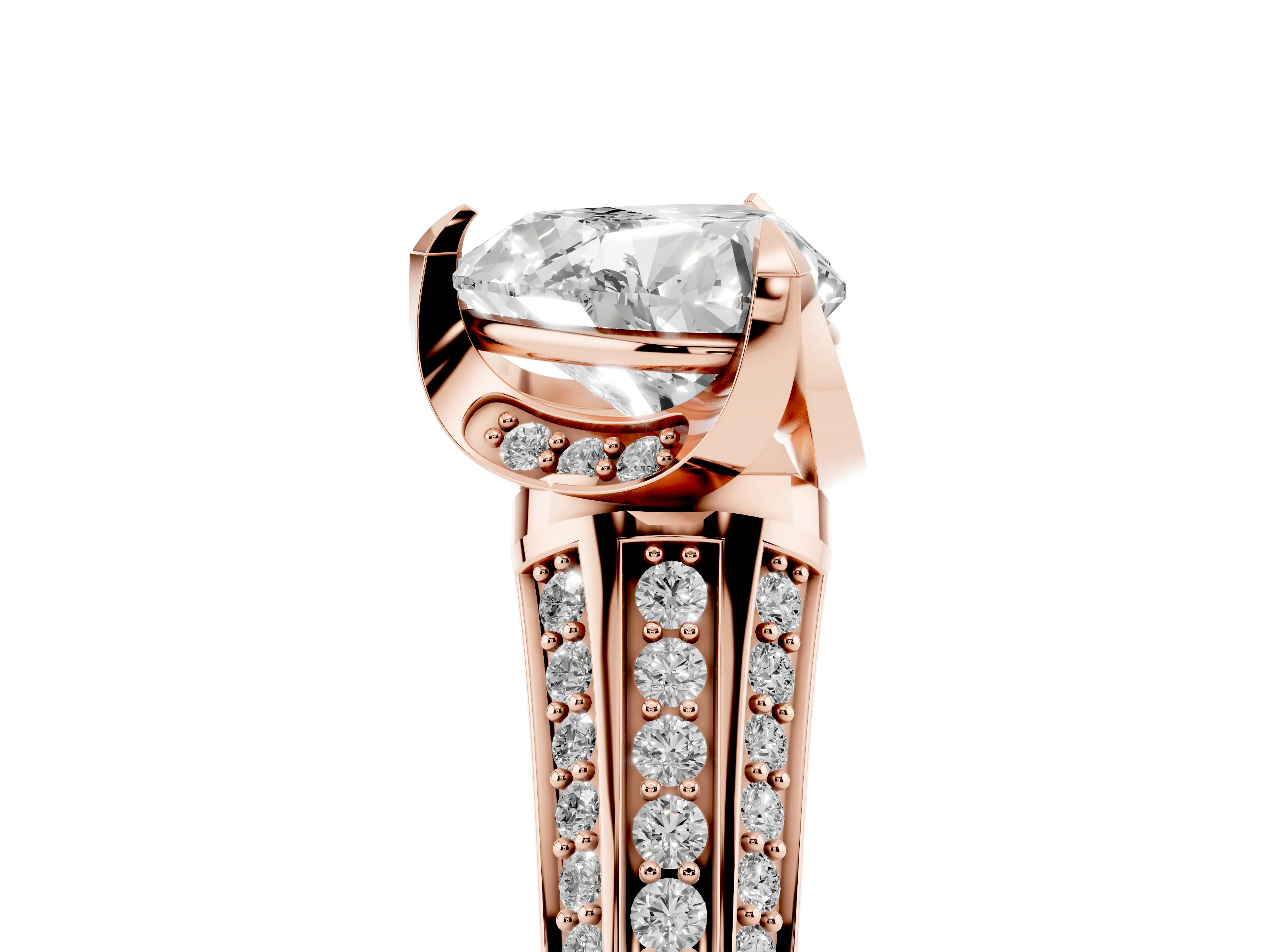 Heart Cut Diamond Pavé Split Shank Solitaire Ring Set in Rose gold with Prong Setting