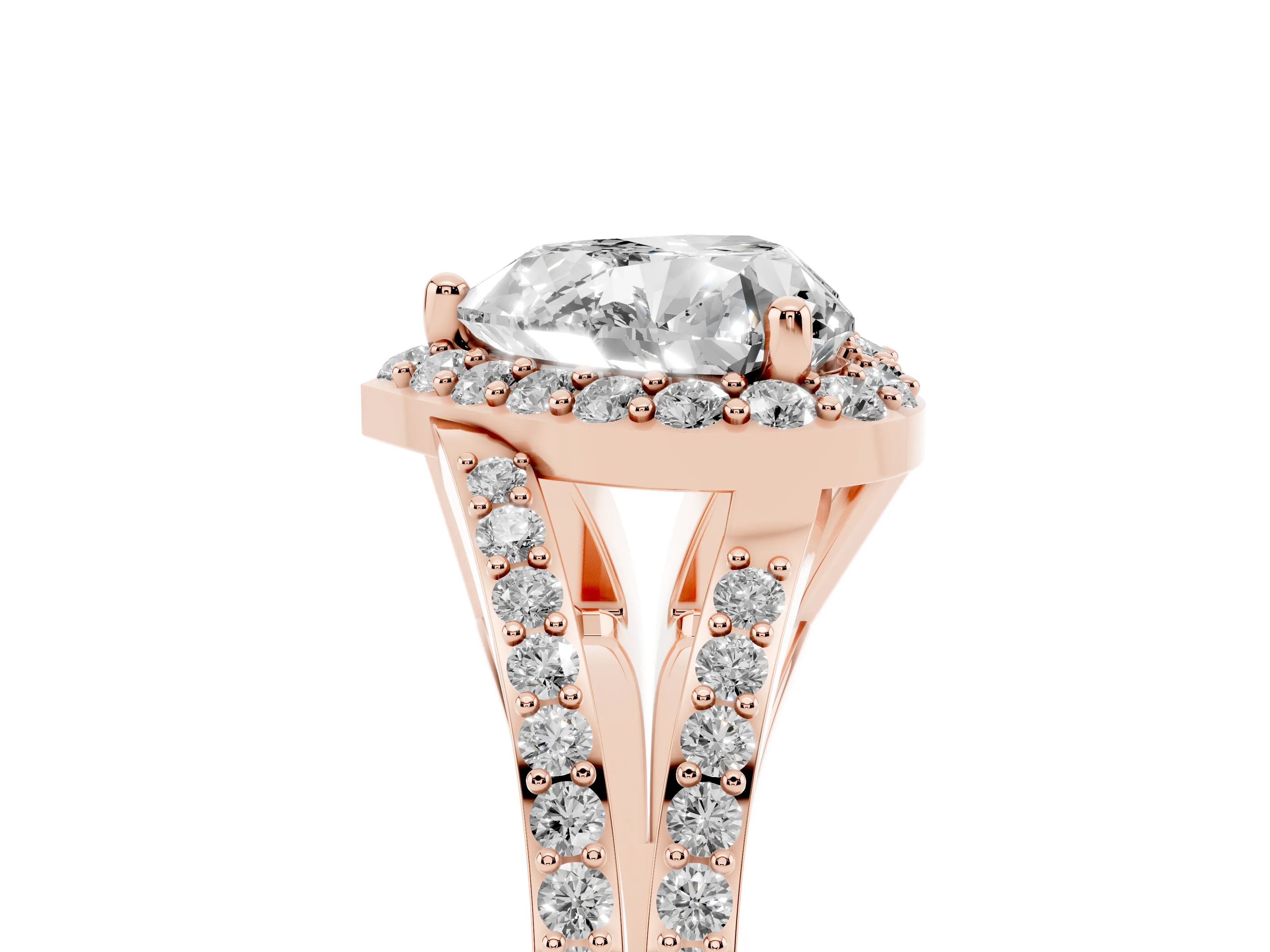 Heart Cut Diamond Halo Split Shank Pavé Ring Set in Rose gold with Prong Setting