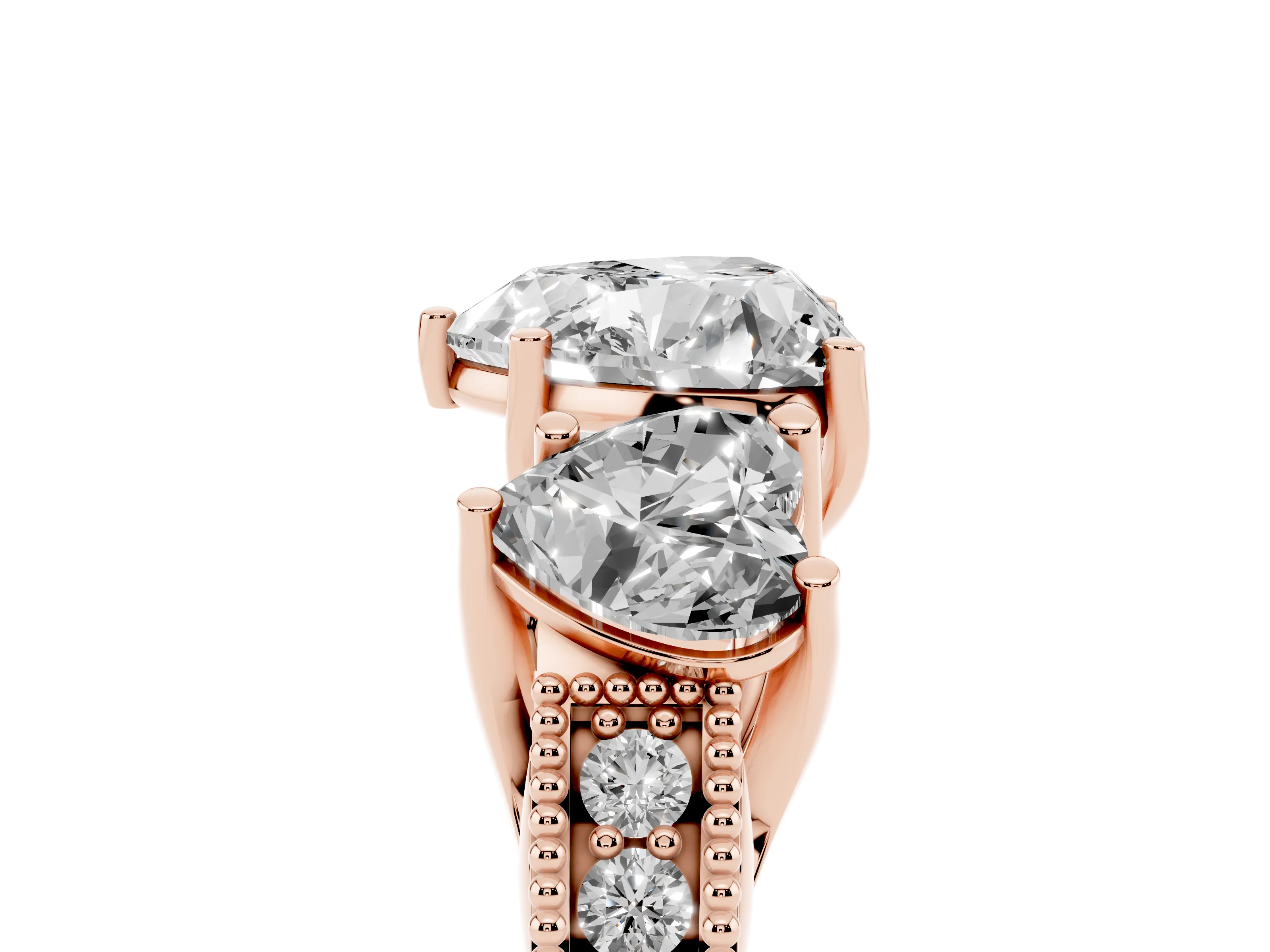 Heart Cut Diamond Three-Stone Engagement Ring Set in Rose gold with Milgrain Pavé Band