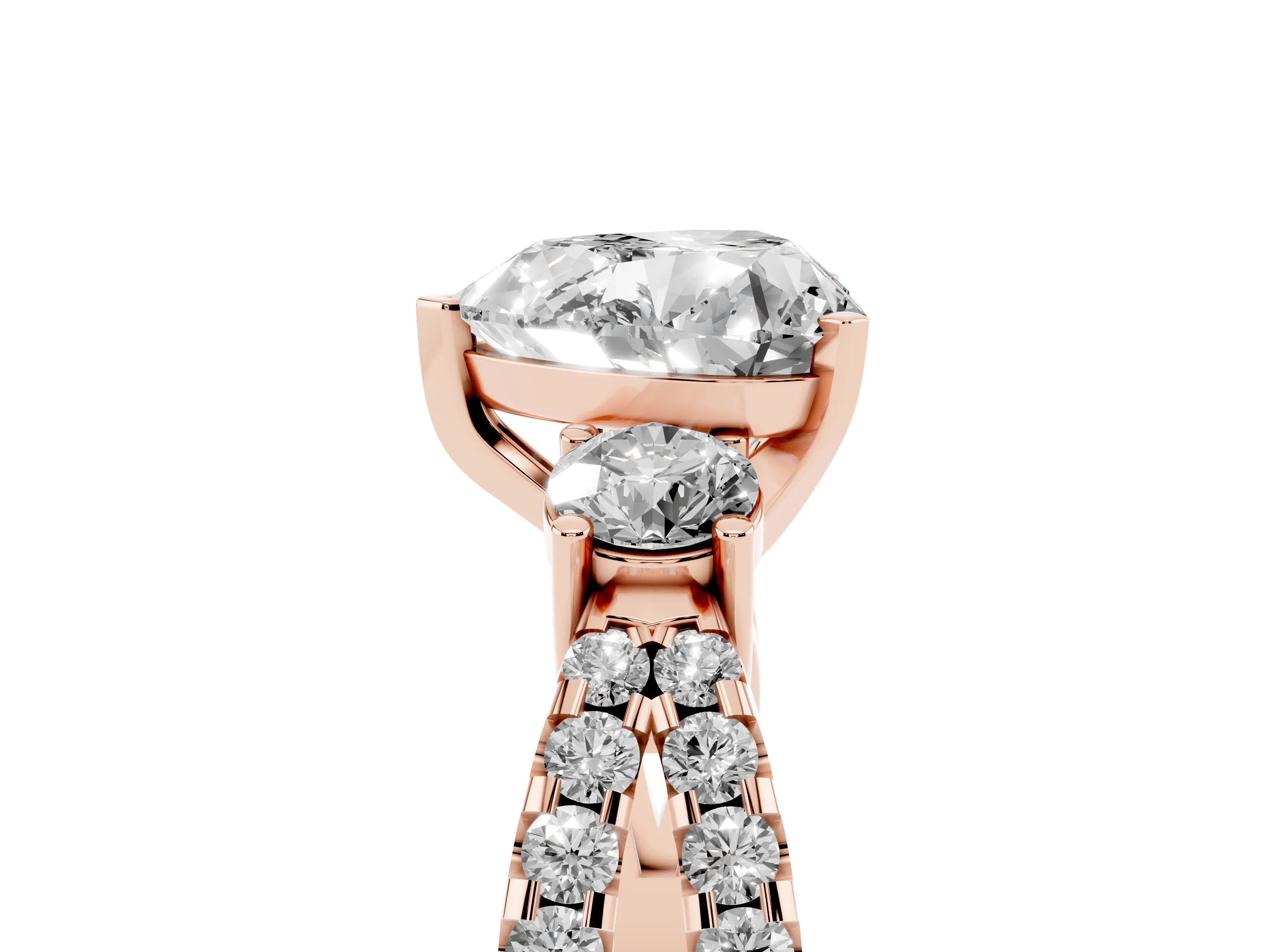 Heart Cut Diamond Three-Stone Ring Set in Rose gold with Pavé Split Shank and Prong Setting