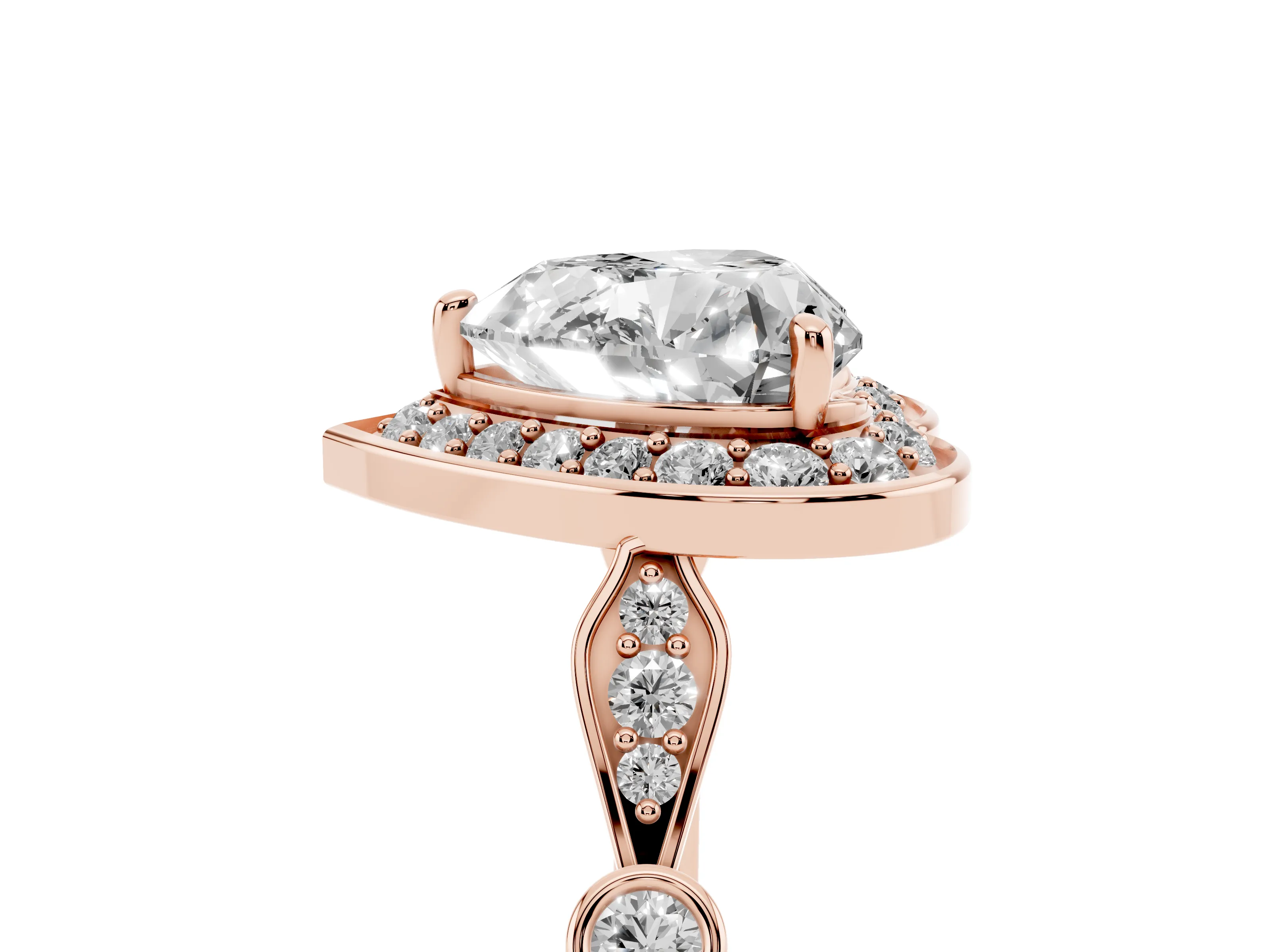 Heart Cut Diamond Halo Engagement Ring Set in Rose gold with Twisted Band and Prong Setting