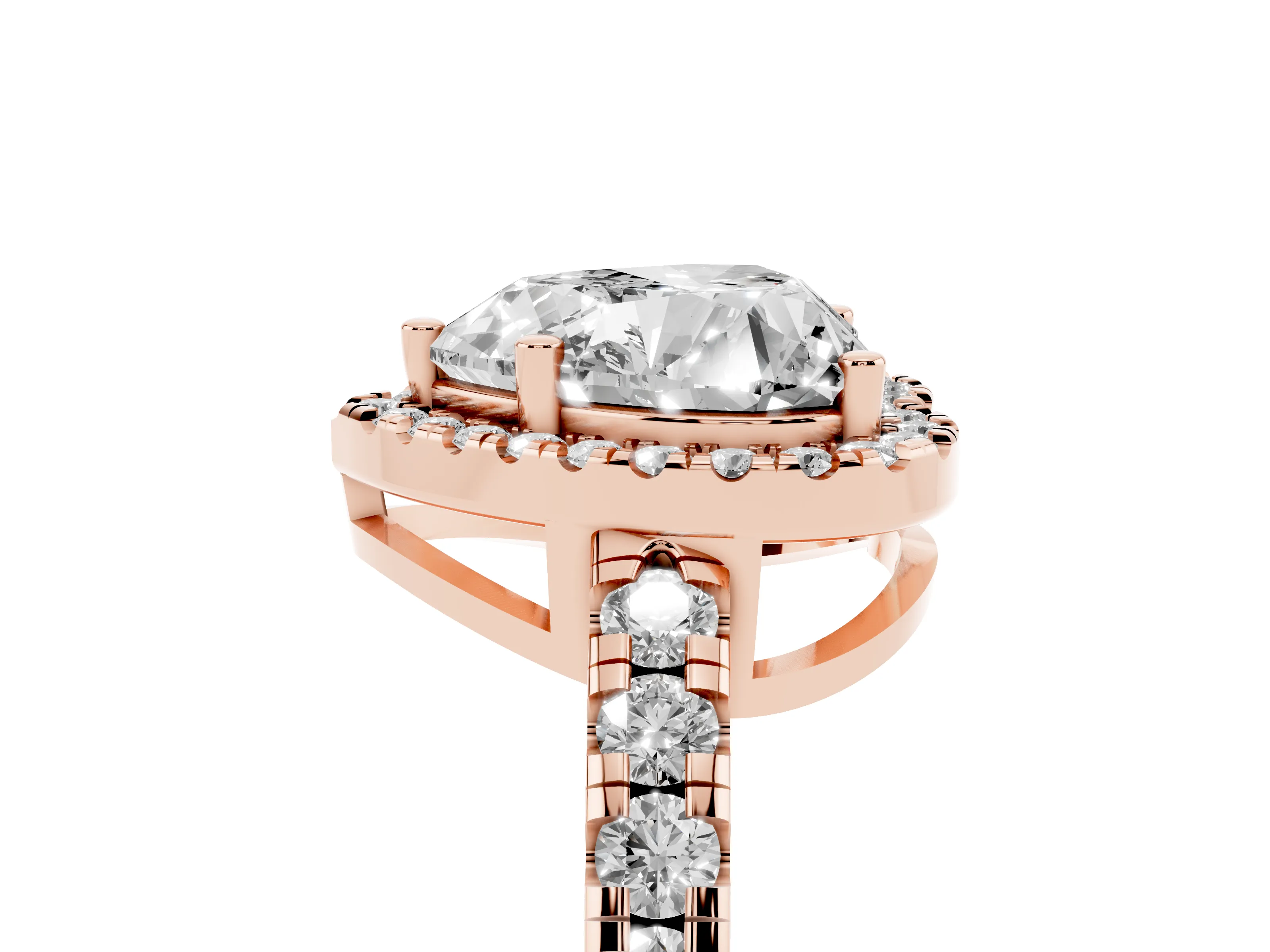 Heart Cut Diamond Halo Ring Set in Rose gold with Delicate Pavé Band and Prong Setting