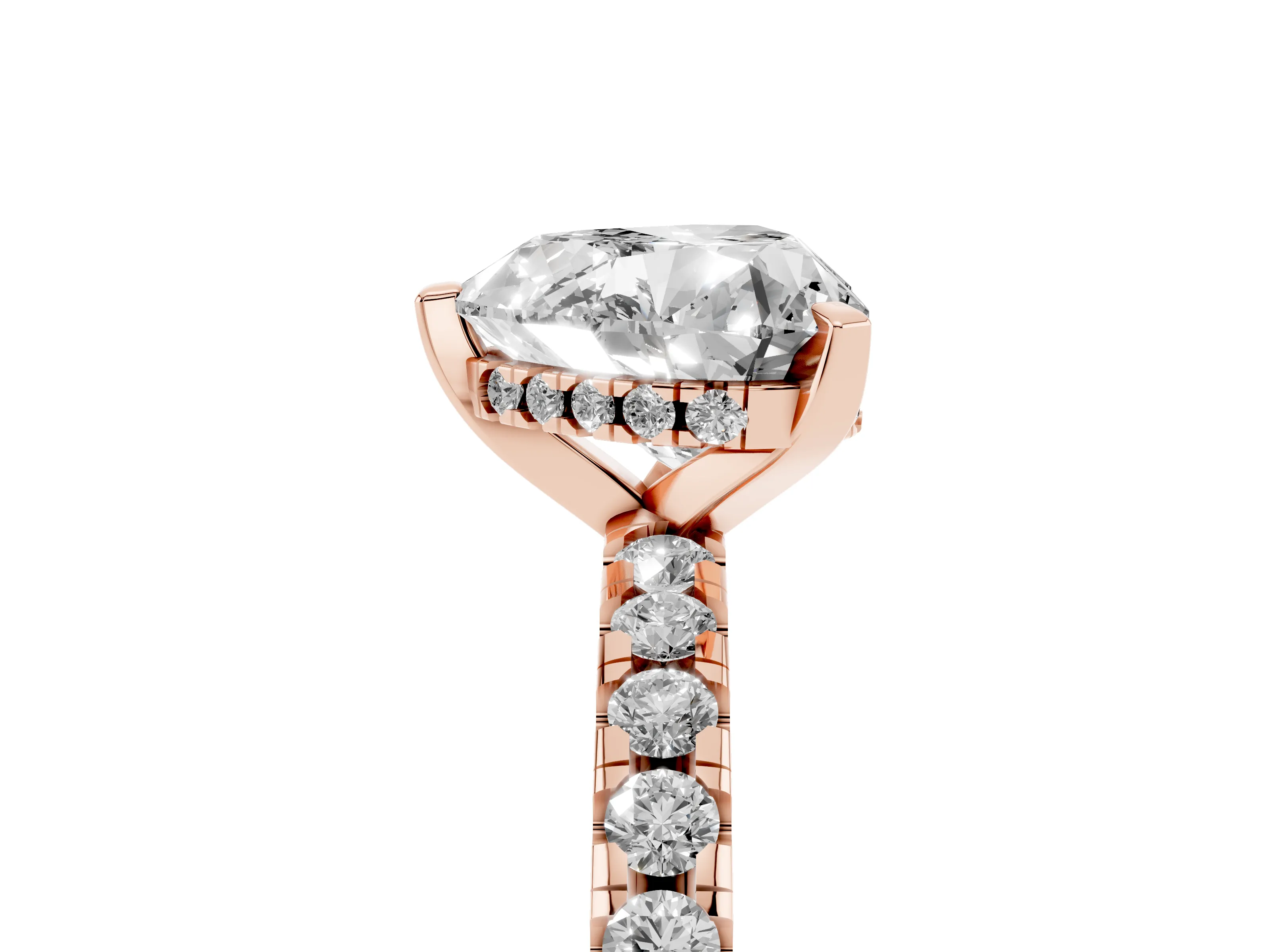 Heart Cut Diamond Pavé Solitaire Ring Set in Rose gold with Round Band Accents and Prong Setting