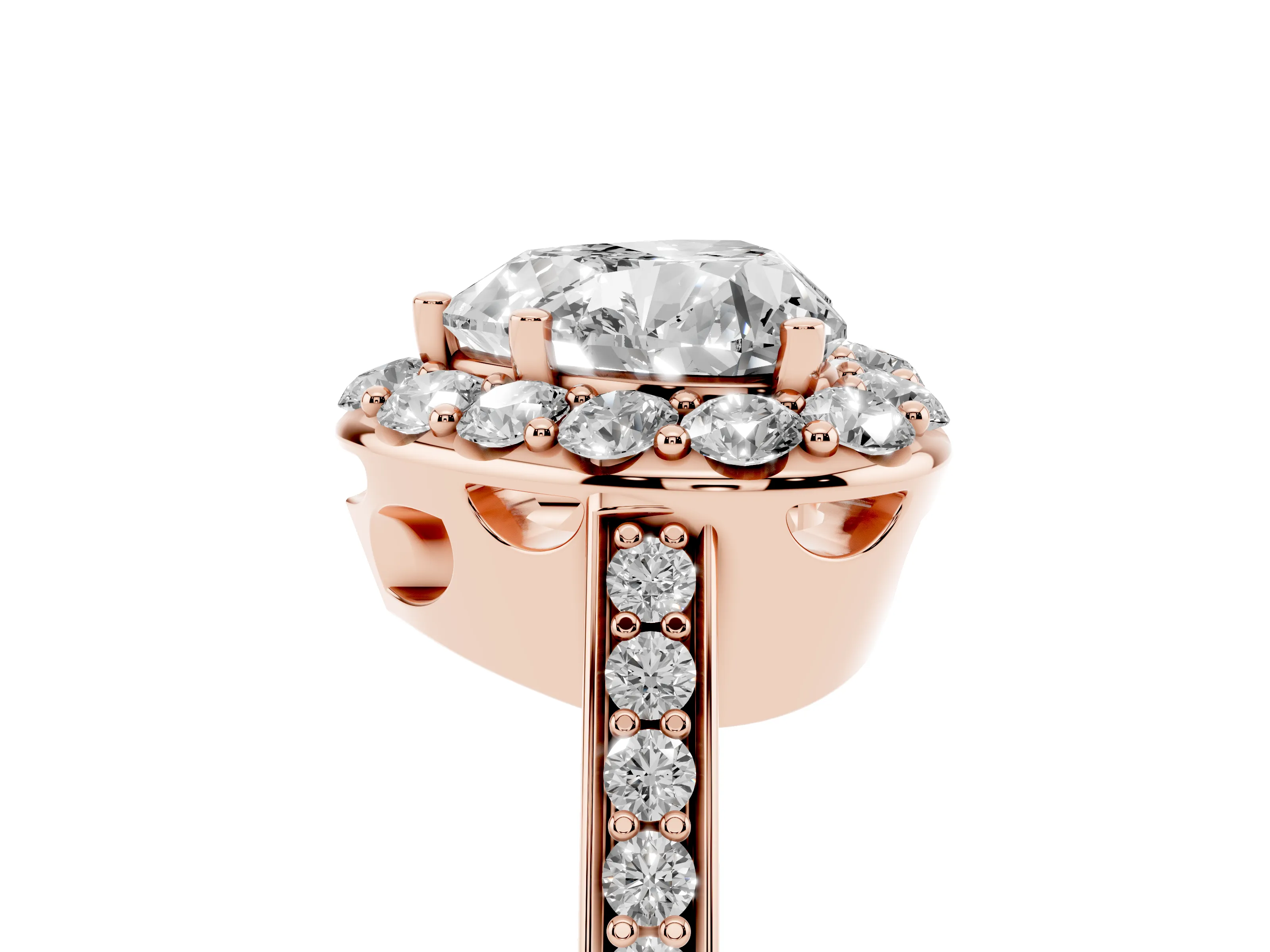 Heart Cut Diamond Floral Halo Ring Set in Rose gold with Pavé Band and Prong Setting