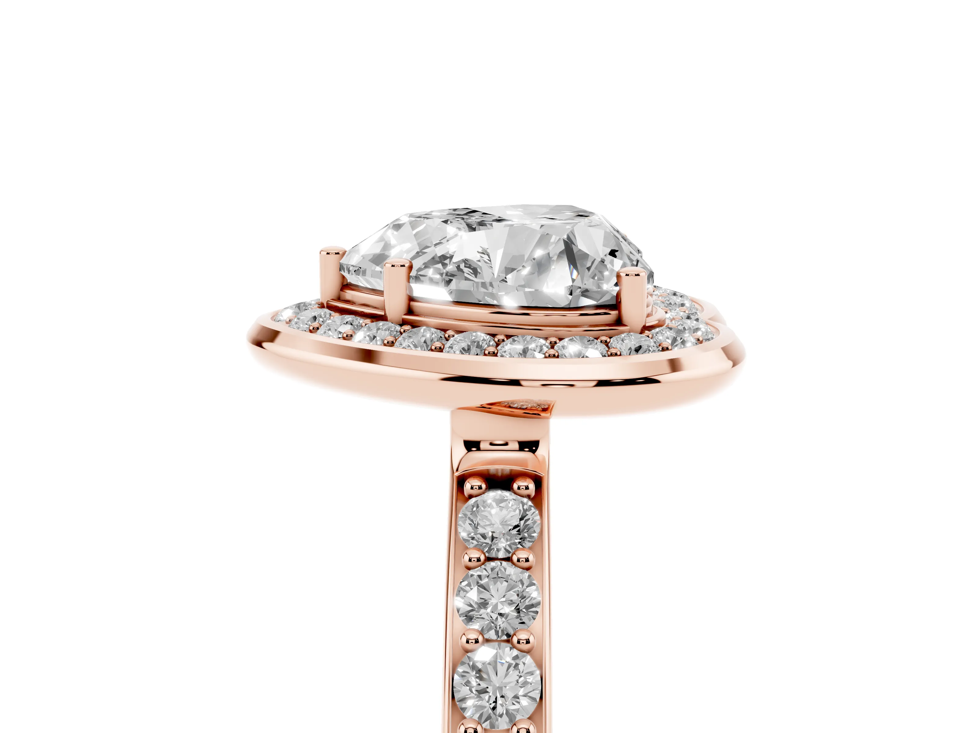 Heart Cut Diamond Halo Ring Set in Rose gold with Bezel Frame and Pavé Band