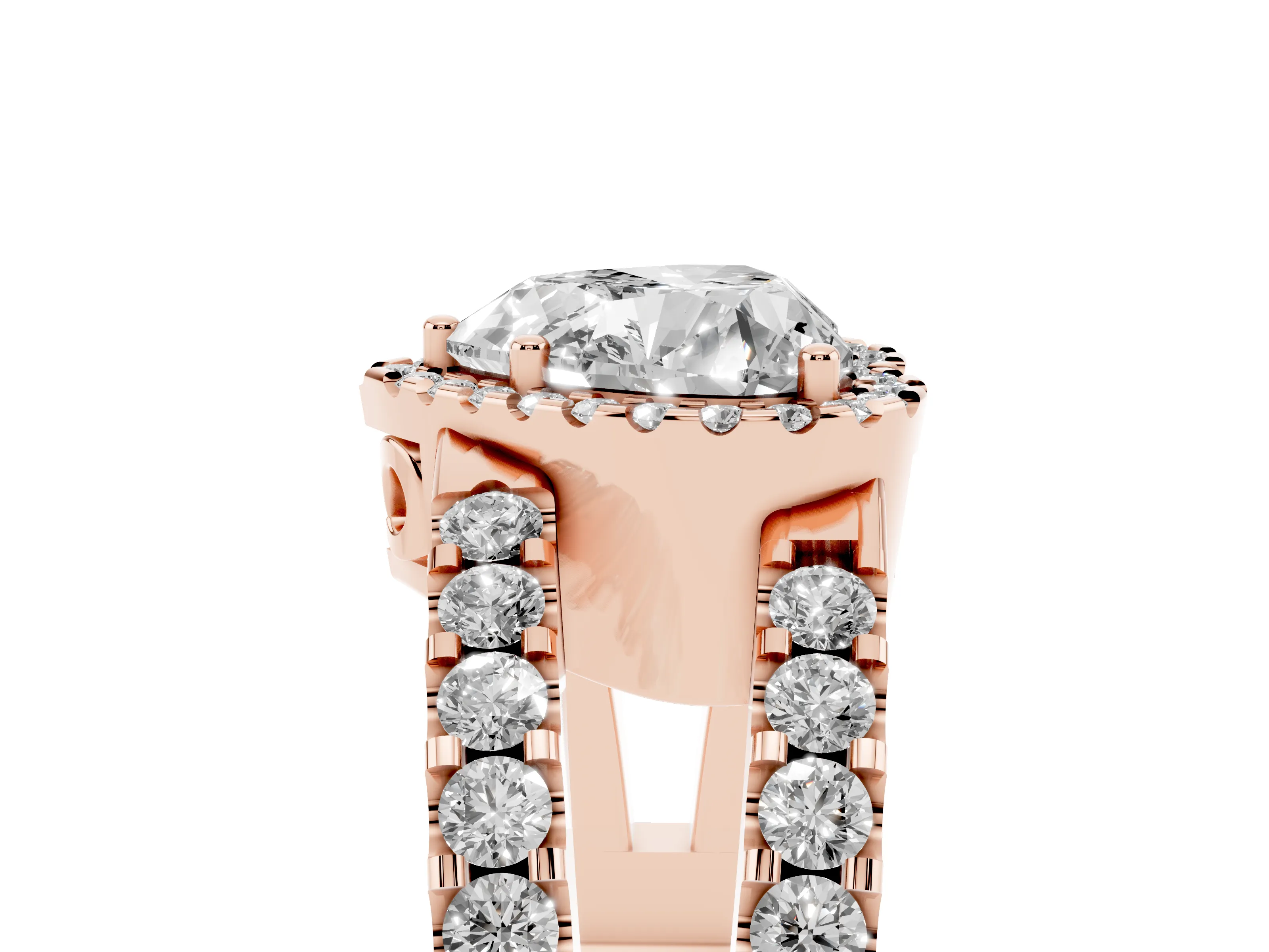 Heart Cut Diamond Halo Ring Set in Rose gold with Pavé Split Shank and Prong Setting