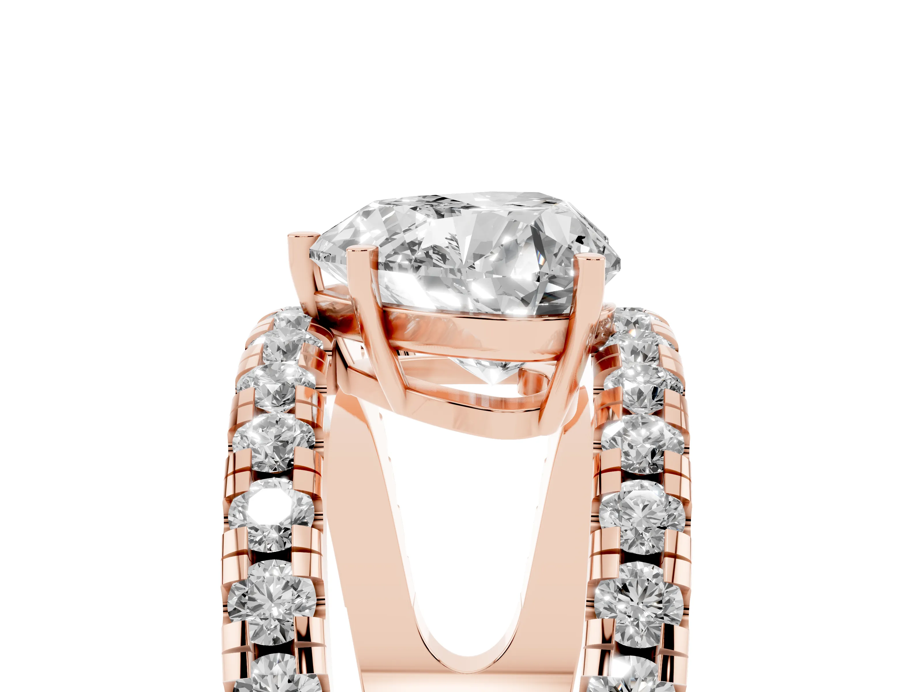 Heart Cut Diamond Split Shank Pavé Solitaire Ring Set in Rose gold with Open Shank Design