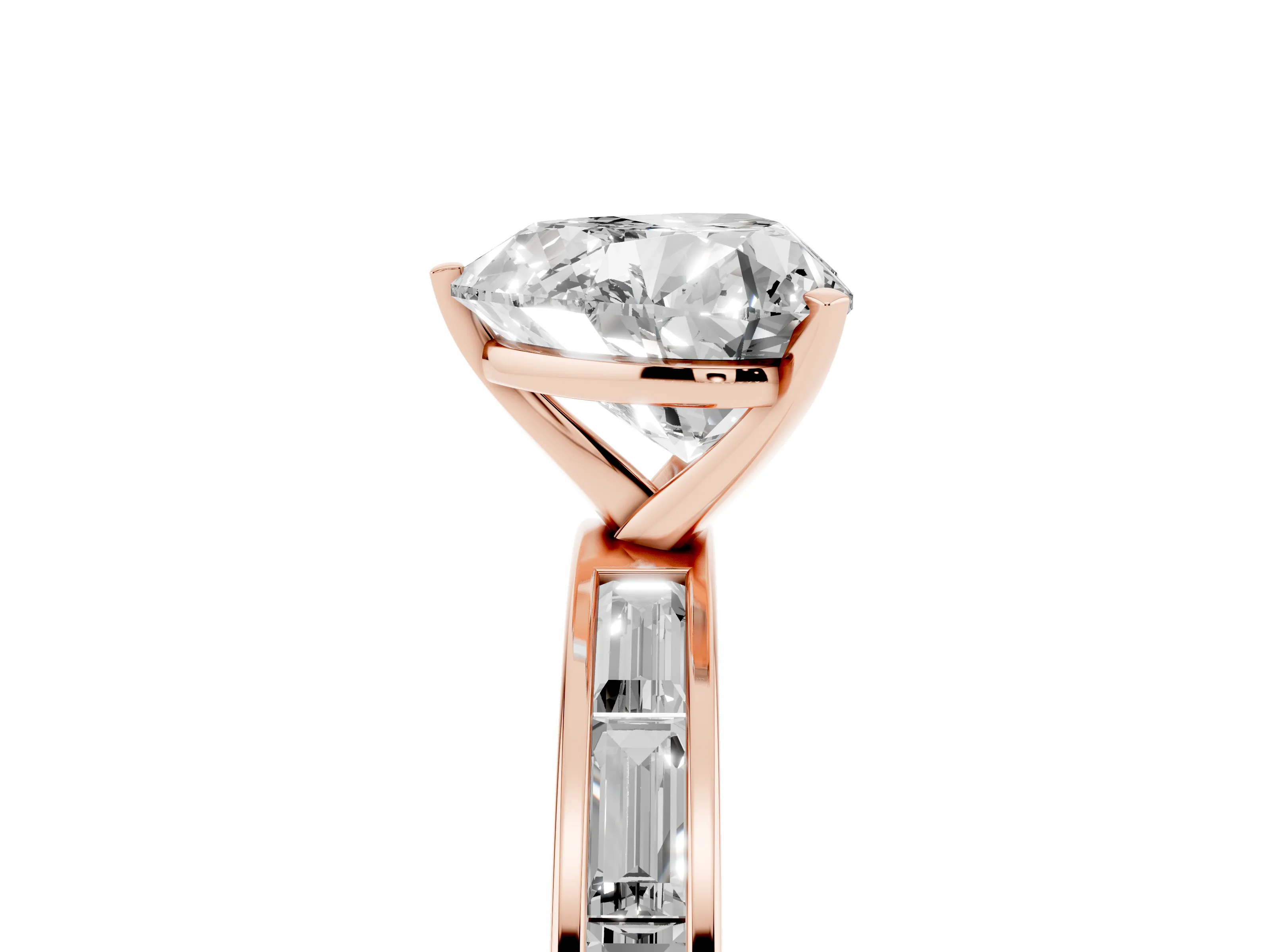 Heart Cut Diamond Solitaire Ring Set in Rose gold with Channel-Set Baguette Band and Prong Setting