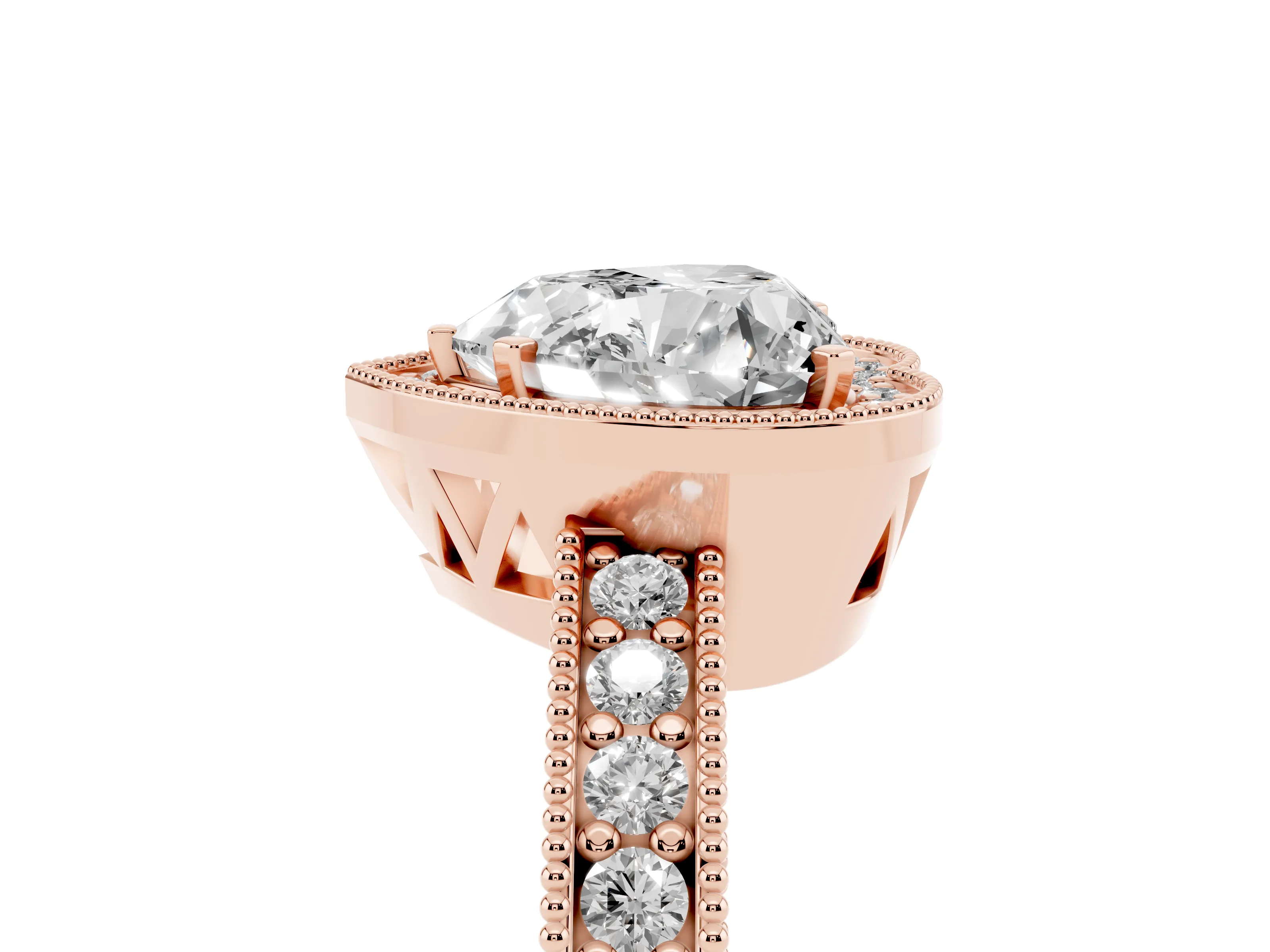 Heart Cut Diamond Halo Pavé Band Ring Set in Rose gold with Prong-Set Center