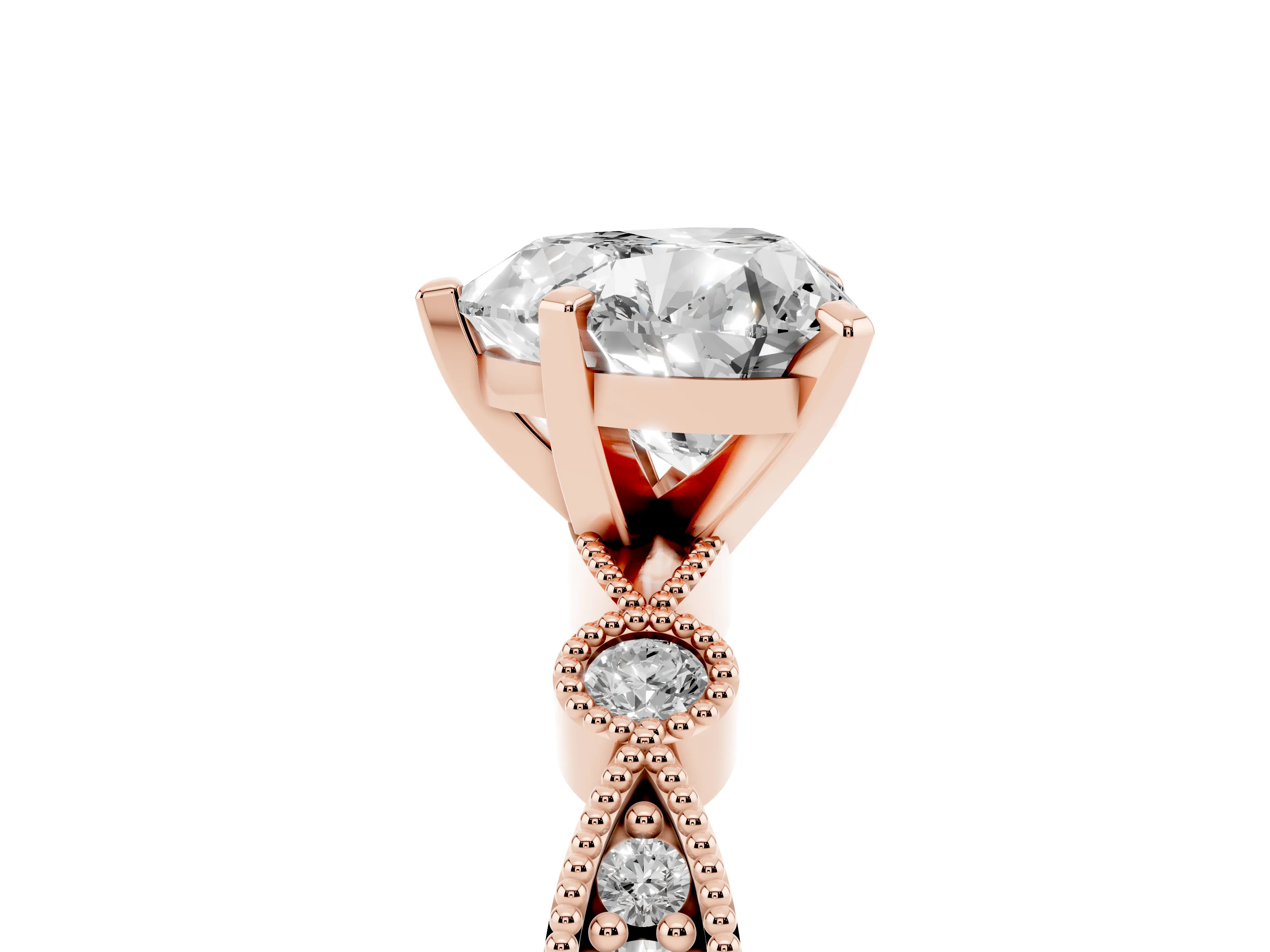 Heart Cut Diamond Solitaire Engagement Ring Set in Rose gold with Milgrain Bezel Accent Band