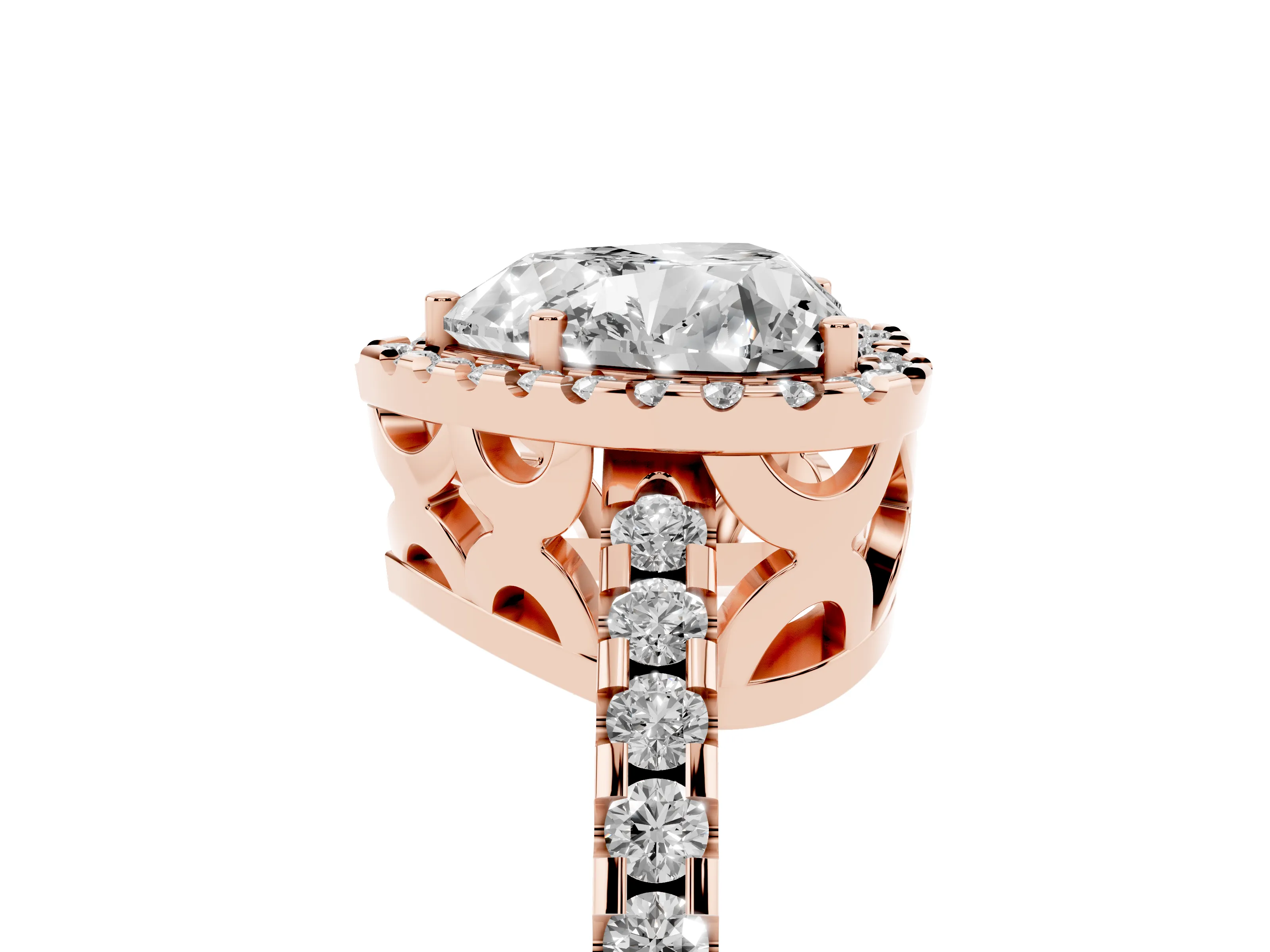Heart Cut Diamond Halo Ring Set in Rose gold with Pavé Shoulders and Halo-Framed Center