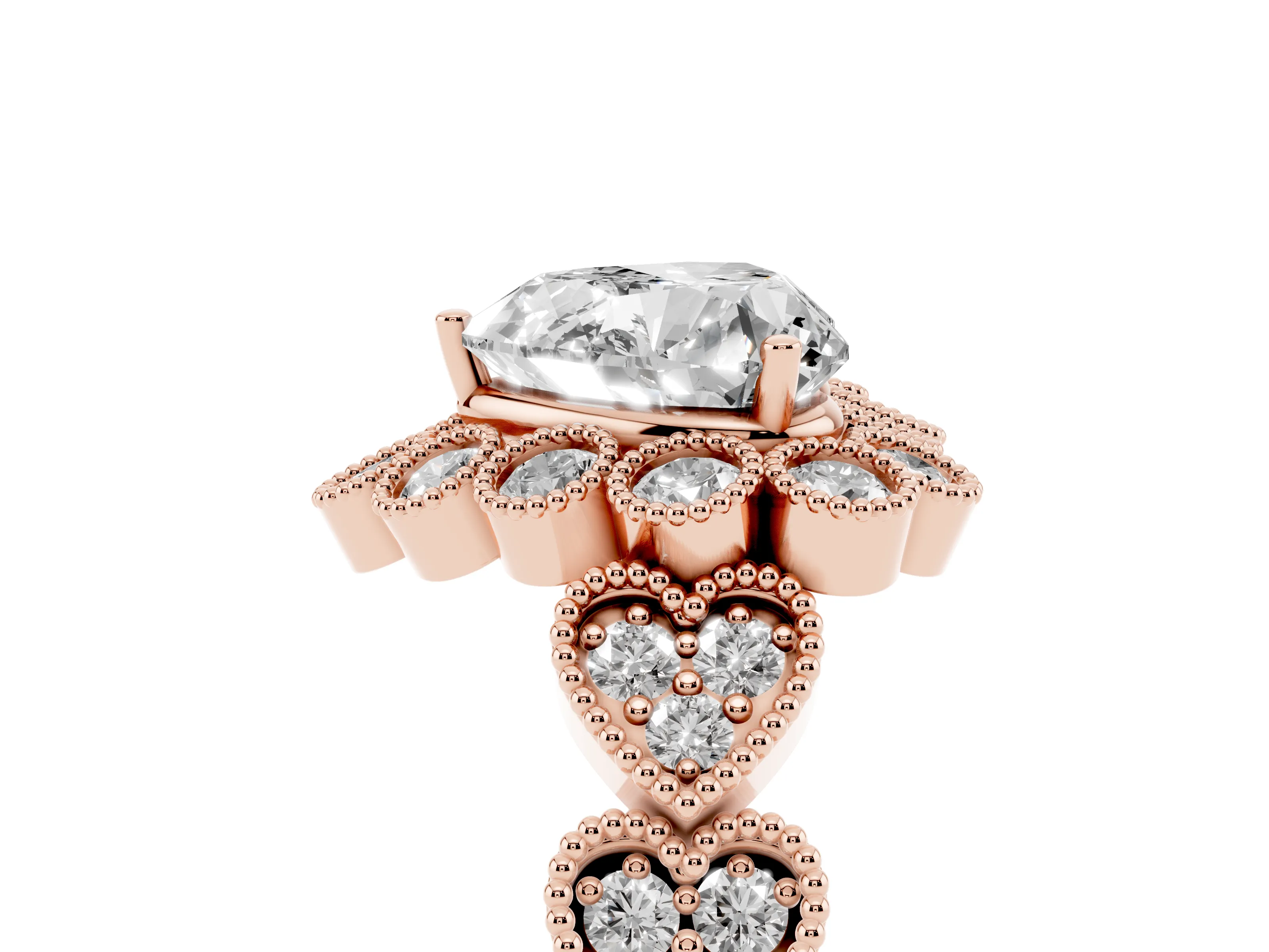Heart Cut Diamond Solitaire Ring Set in Rose gold with Milgrain Pavé Heart Band