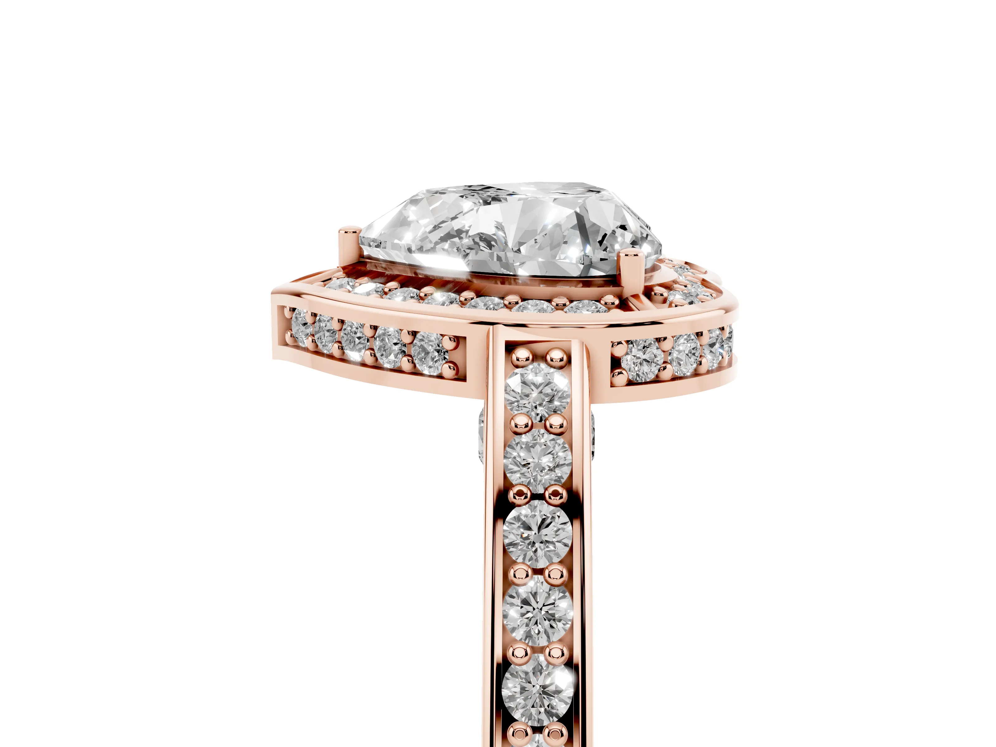 Heart Cut Diamond Halo Pavé Split Shank Ring Set in Rose gold with Prong Setting