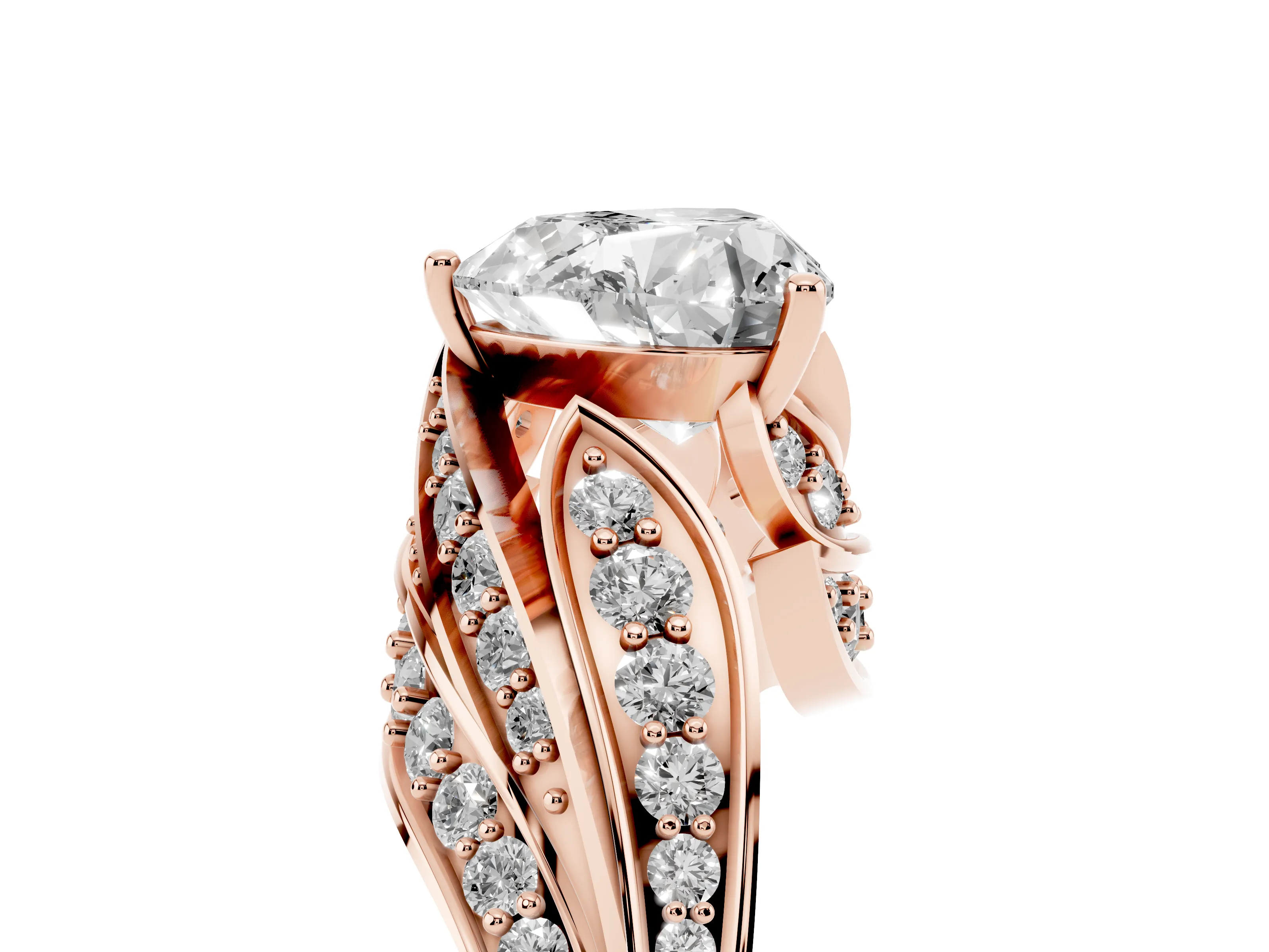 Heart Cut Diamond Solitaire Ring Set in Rose gold with Layered Twist Pavé Band