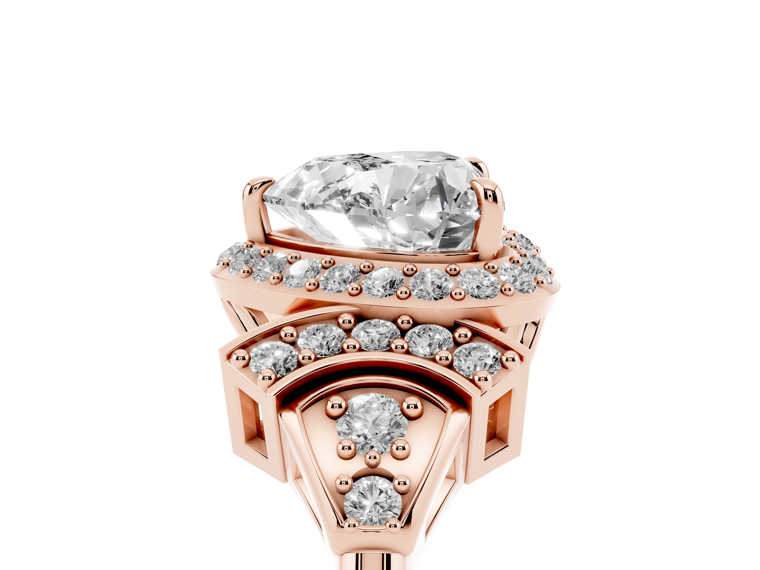 Heart Cut Diamond Halo Engagement Ring Set in Rose gold with Accent Stone Split Shank