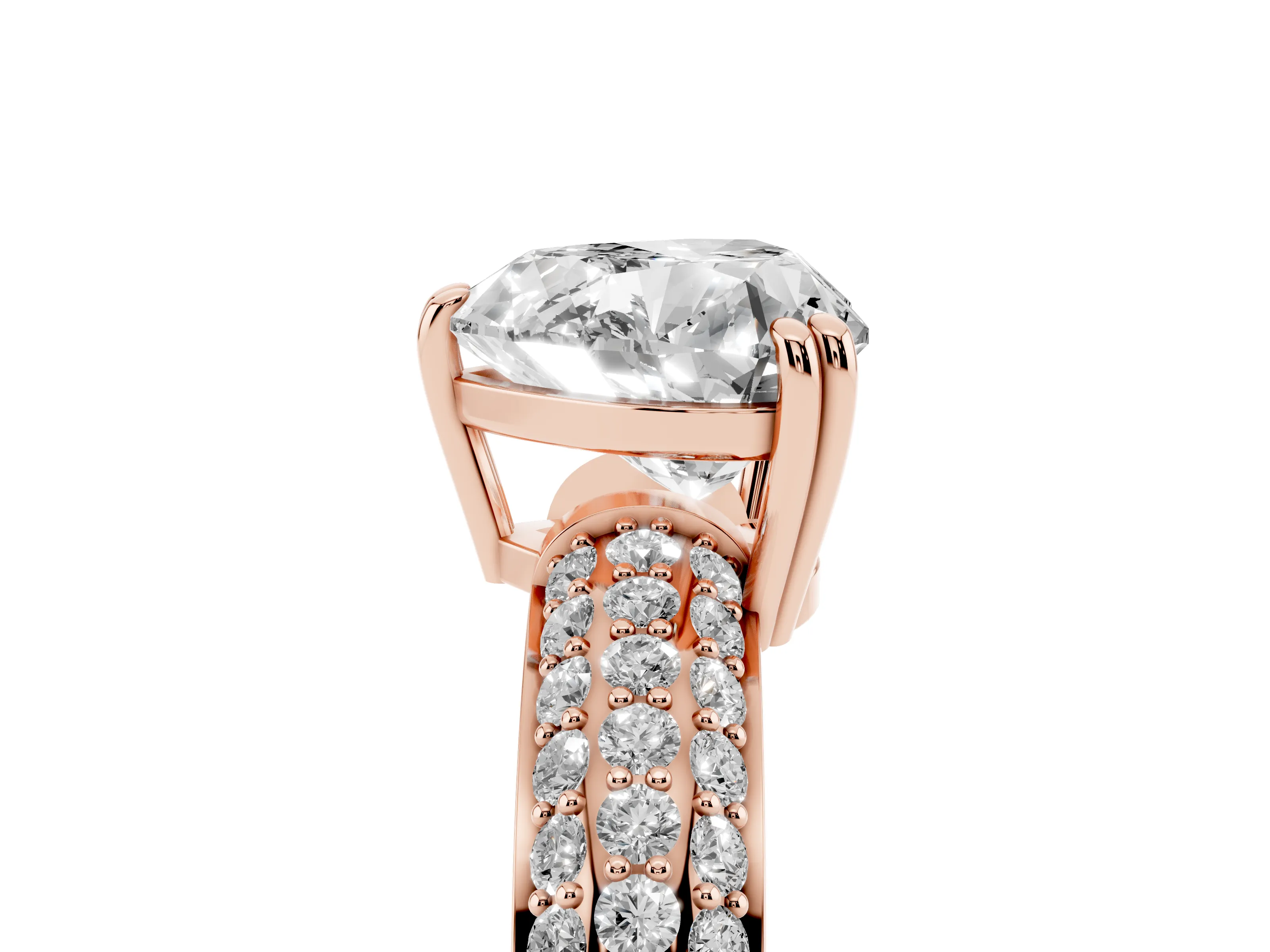 Heart Cut Diamond Solitaire Ring Set in Rose gold with Multi-Row Round Pavé Band and Prong Setting
