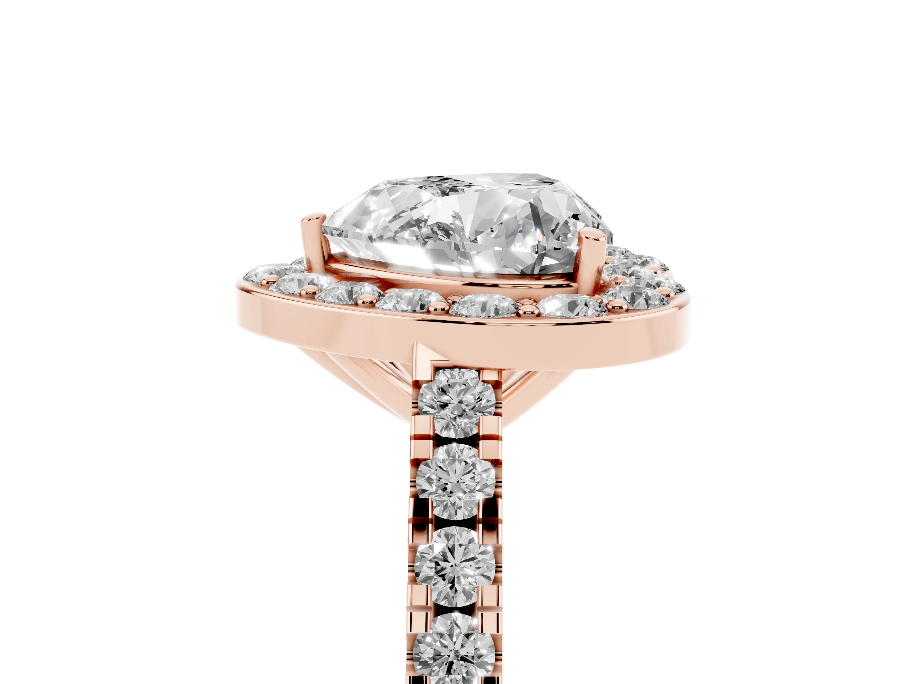 Heart Cut Diamond Halo Ring Set in Rose gold with Round Pavé Split Shank and Prong Setting