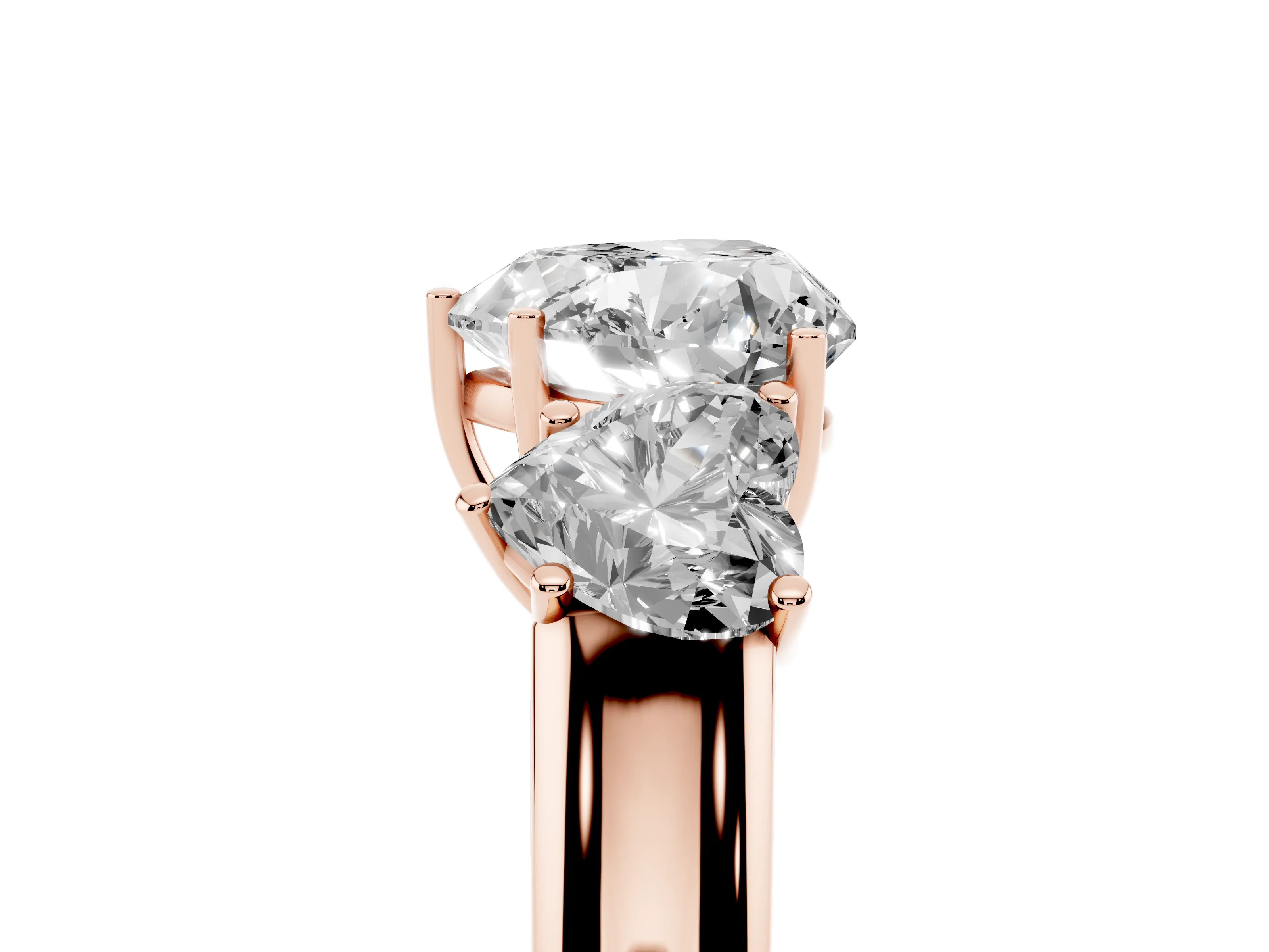 Three-Stone Heart Cut Diamond Ring Set in Rose gold with Matching Prong Settings and Plain Band