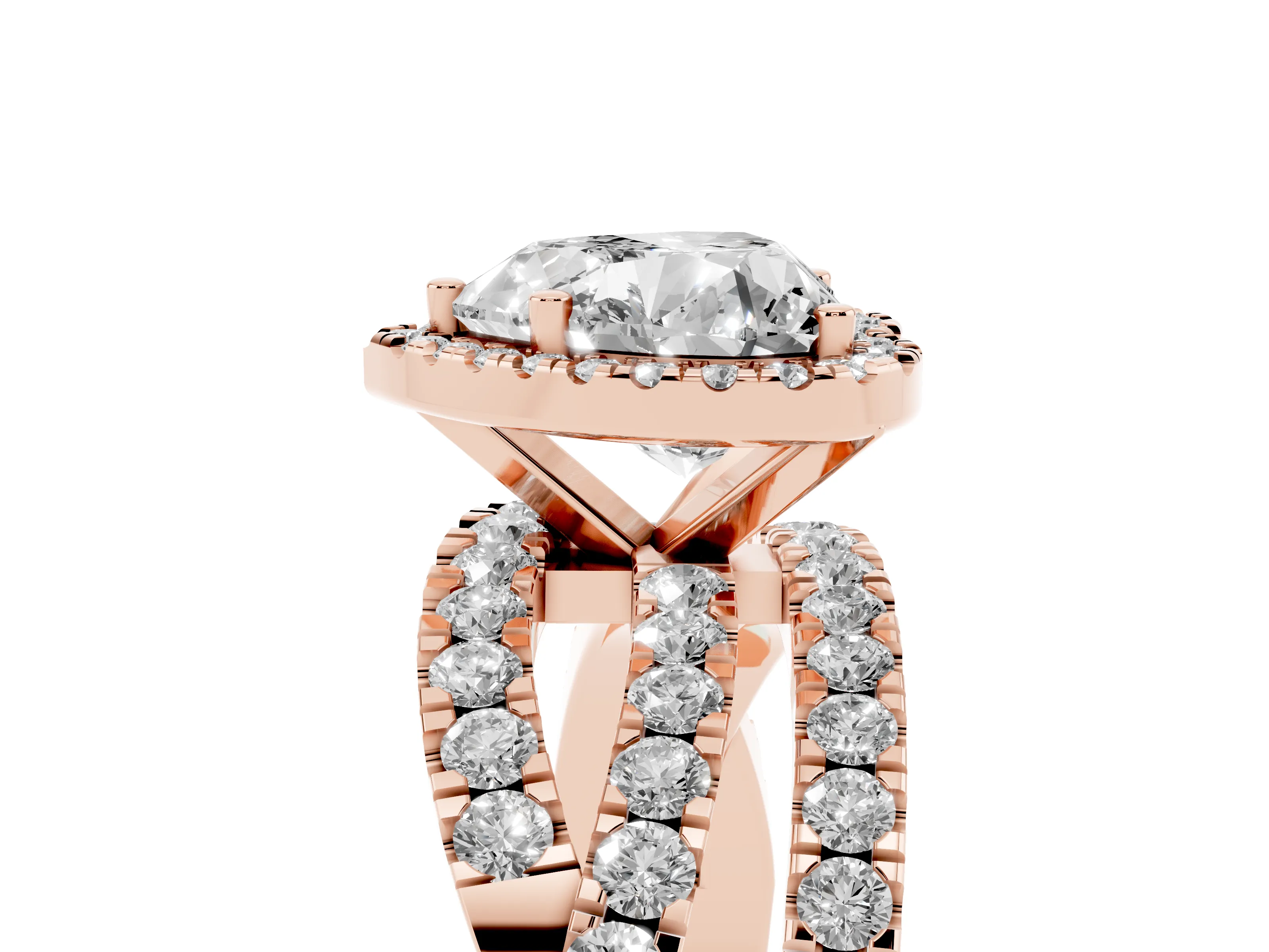 Heart Cut Diamond Halo Ring Set in Rose gold with Round Crossover Split Shank and Prong Setting