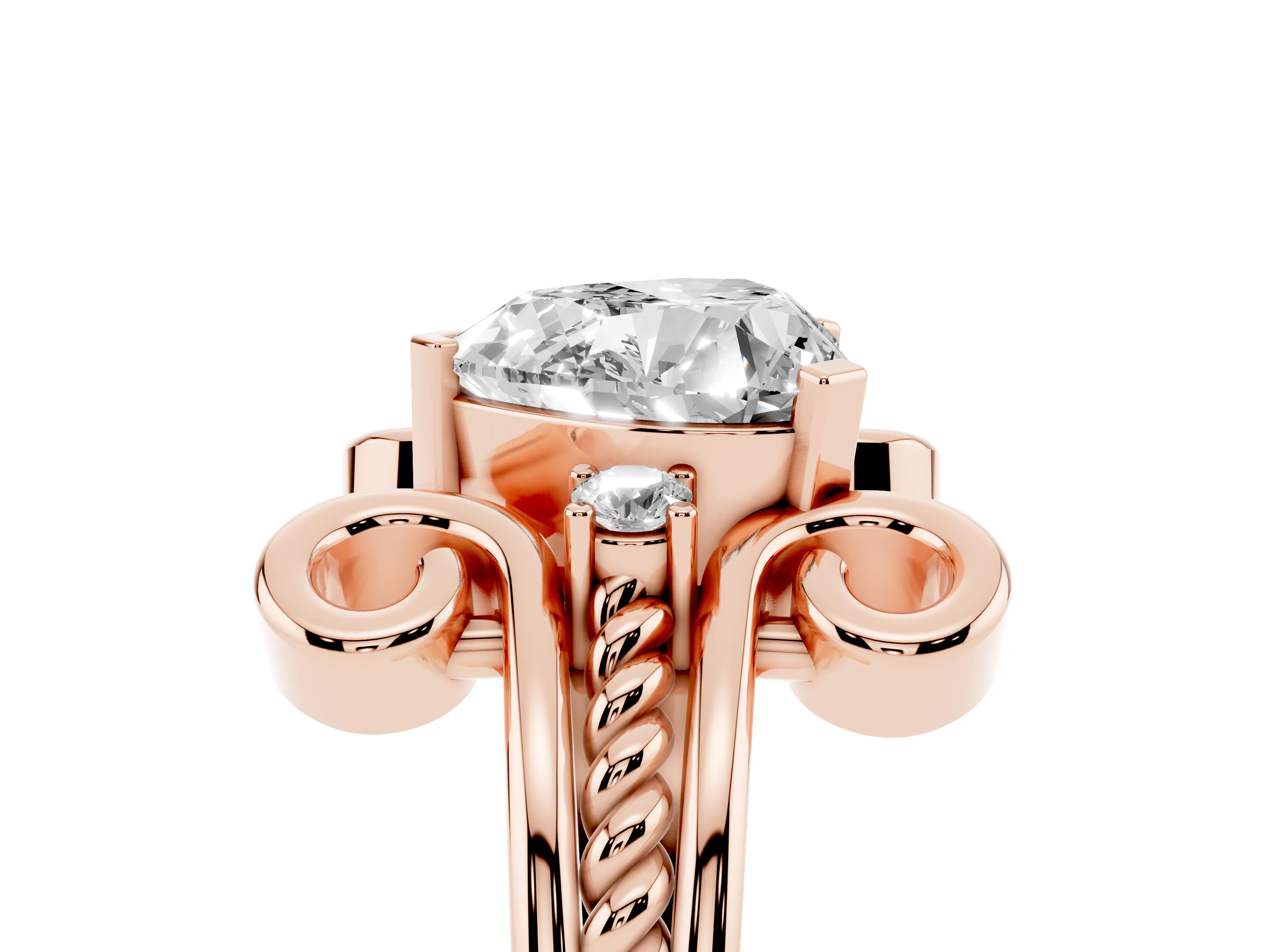 Heart Cut Diamond Twisted Band Solitaire Ring Set in Rose gold with Scroll Prongs