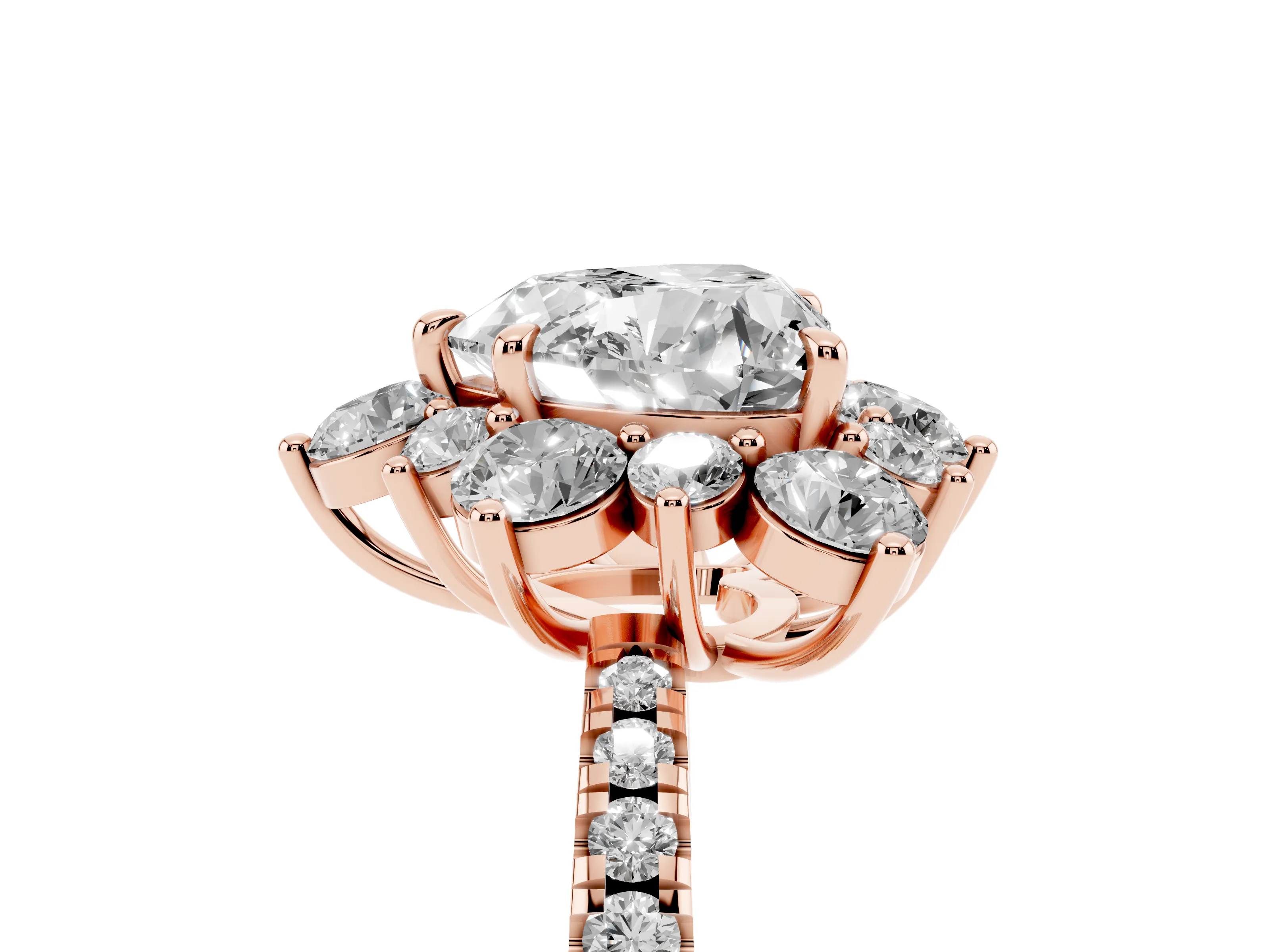 Heart Cut Diamond Floral Halo Ring Set in Rose gold with Round Pavé Band and Prong Setting