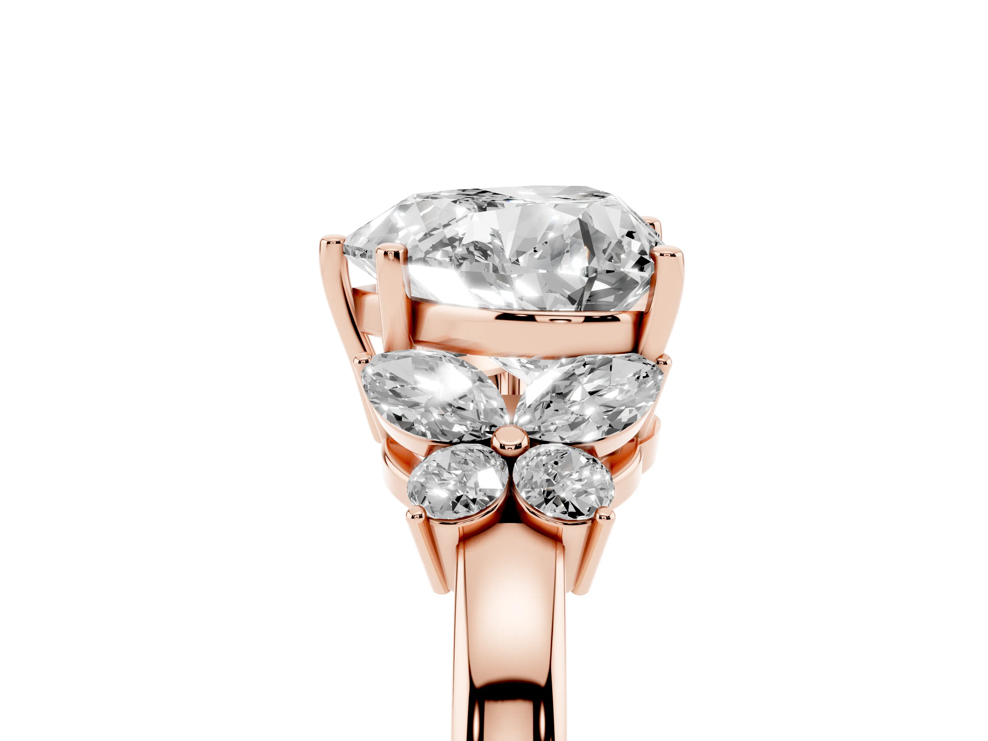 Heart Cut Diamond Solitaire Floral Ring Set in Rose gold with Marquise Petals and Prong Setting