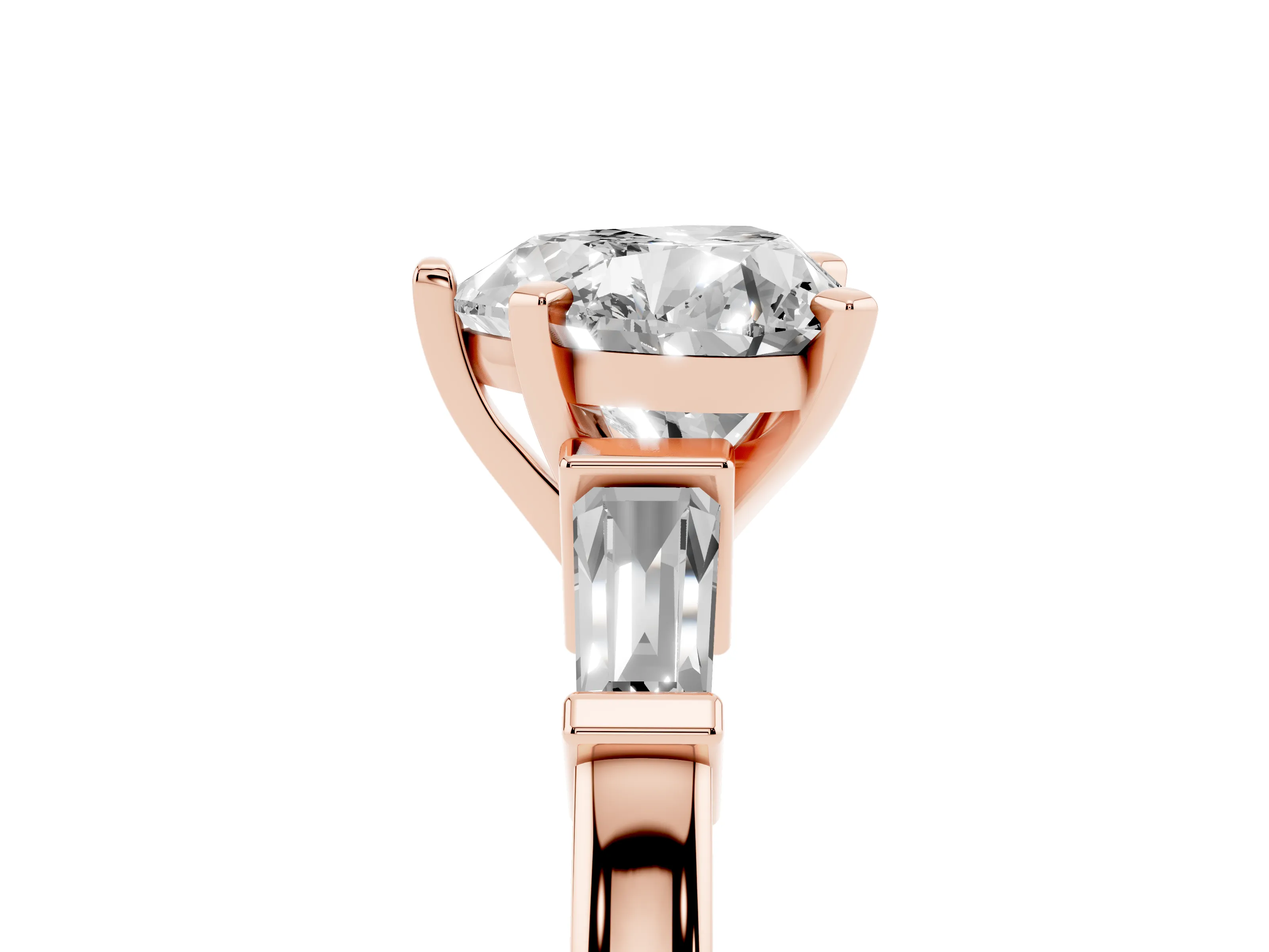 Heart Cut Diamond Solitaire Ring Set in Rose gold with Tapered Baguette Accents and Prong Setting