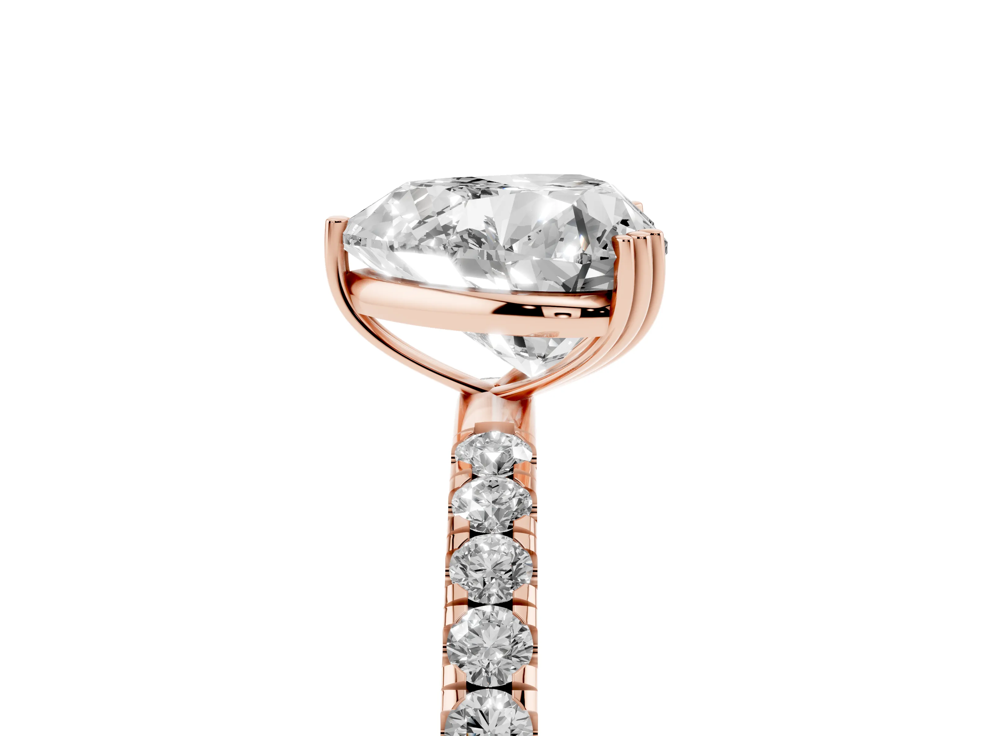 Heart Cut Diamond Brilliant Solitaire Set in Rose gold with Pavé Band and Claw Prong Setting