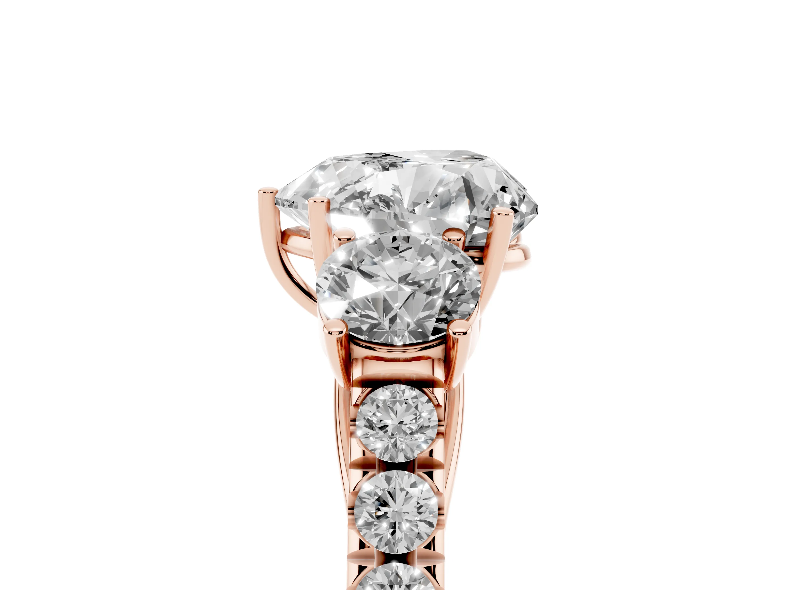 Heart Cut Diamond Three-Stone Ring Set in Rose gold with Round Side Stones and Delicate Pavé Band