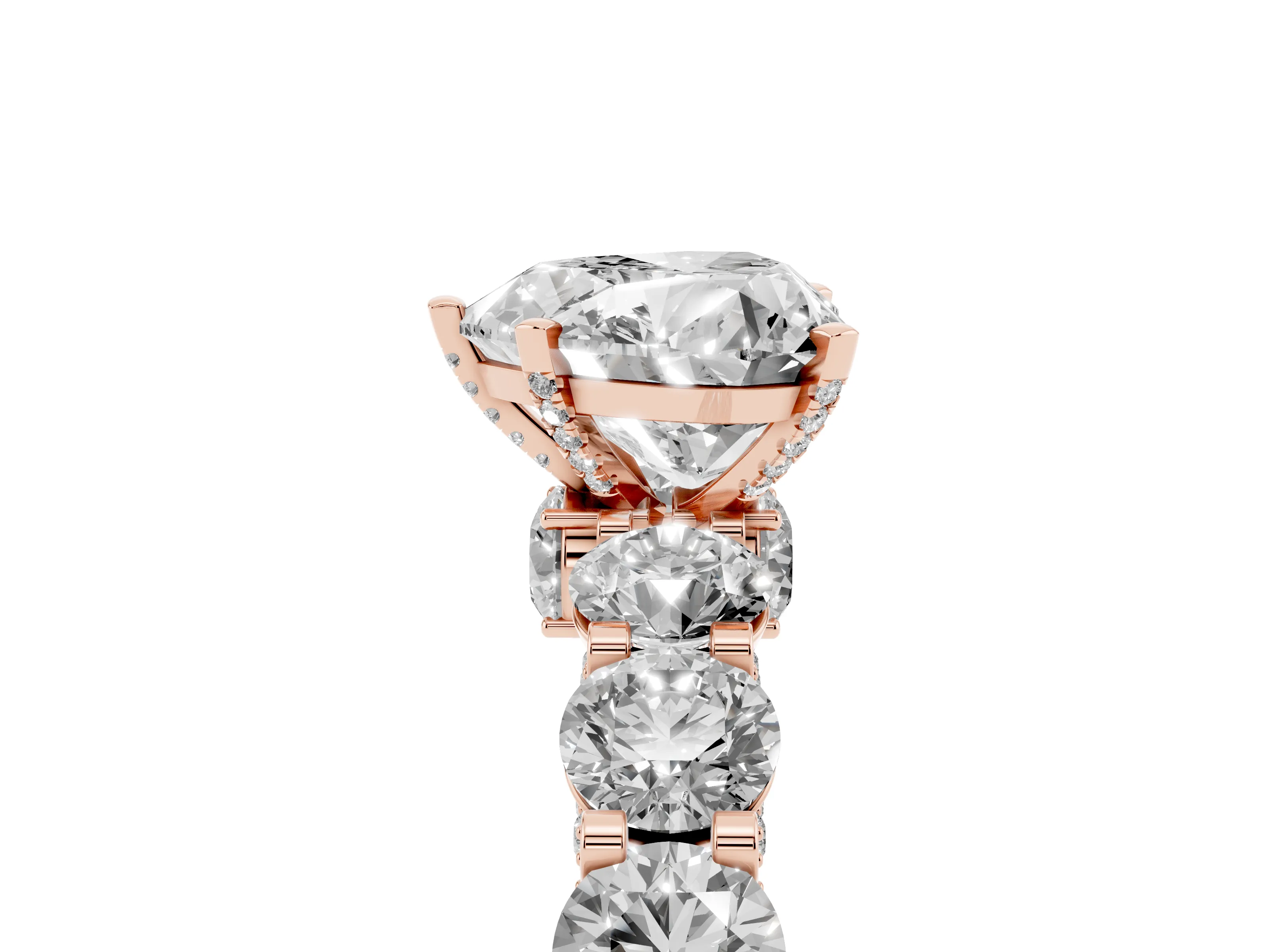 Heart Cut Diamond Side Stone Ring Set in Rose gold with Alternating Round and Oval Side Stones