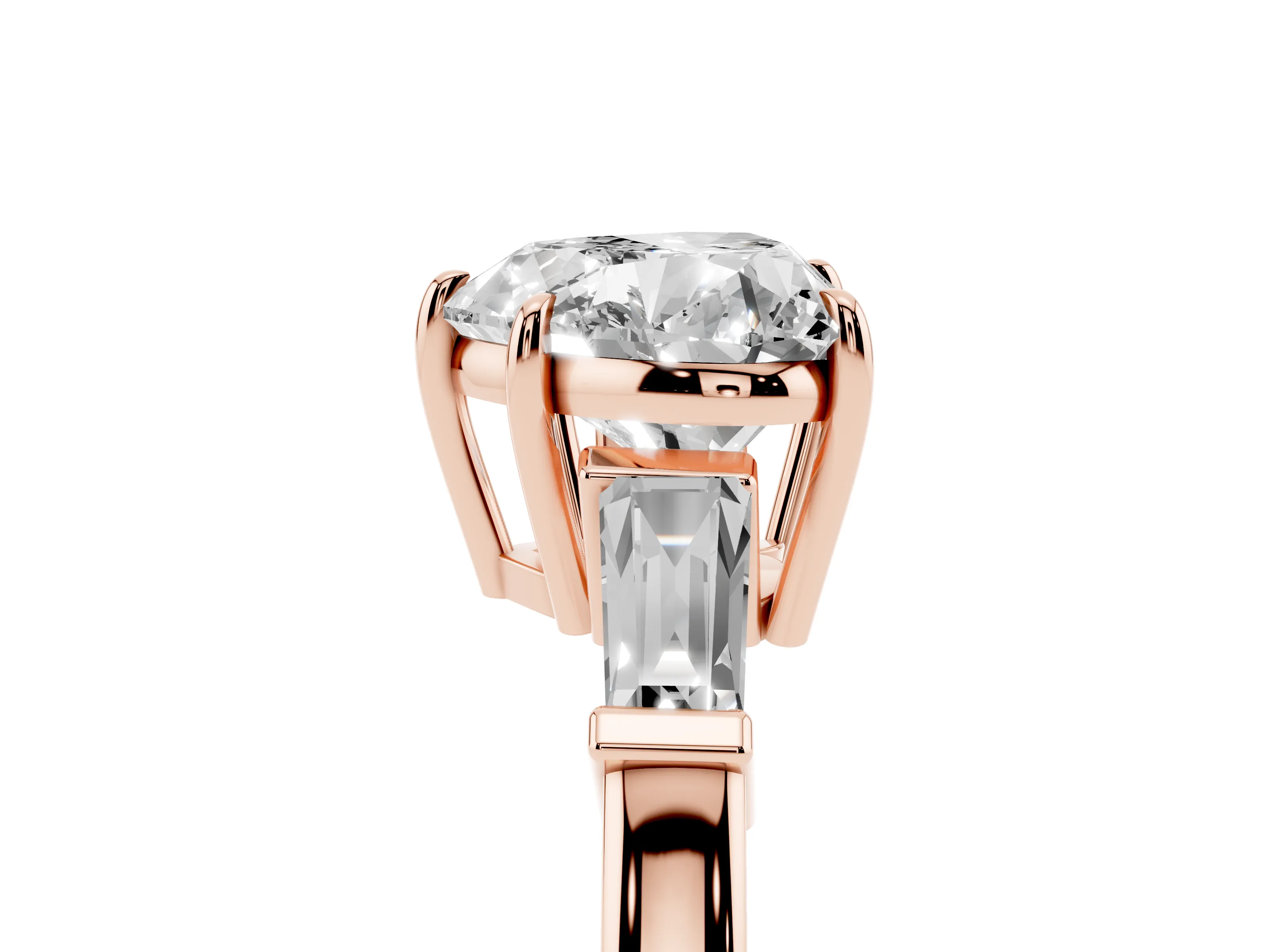 Heart Cut Diamond Three-Stone Ring Set in Rose gold with Tapered Baguette Side Stones and Prong Setting