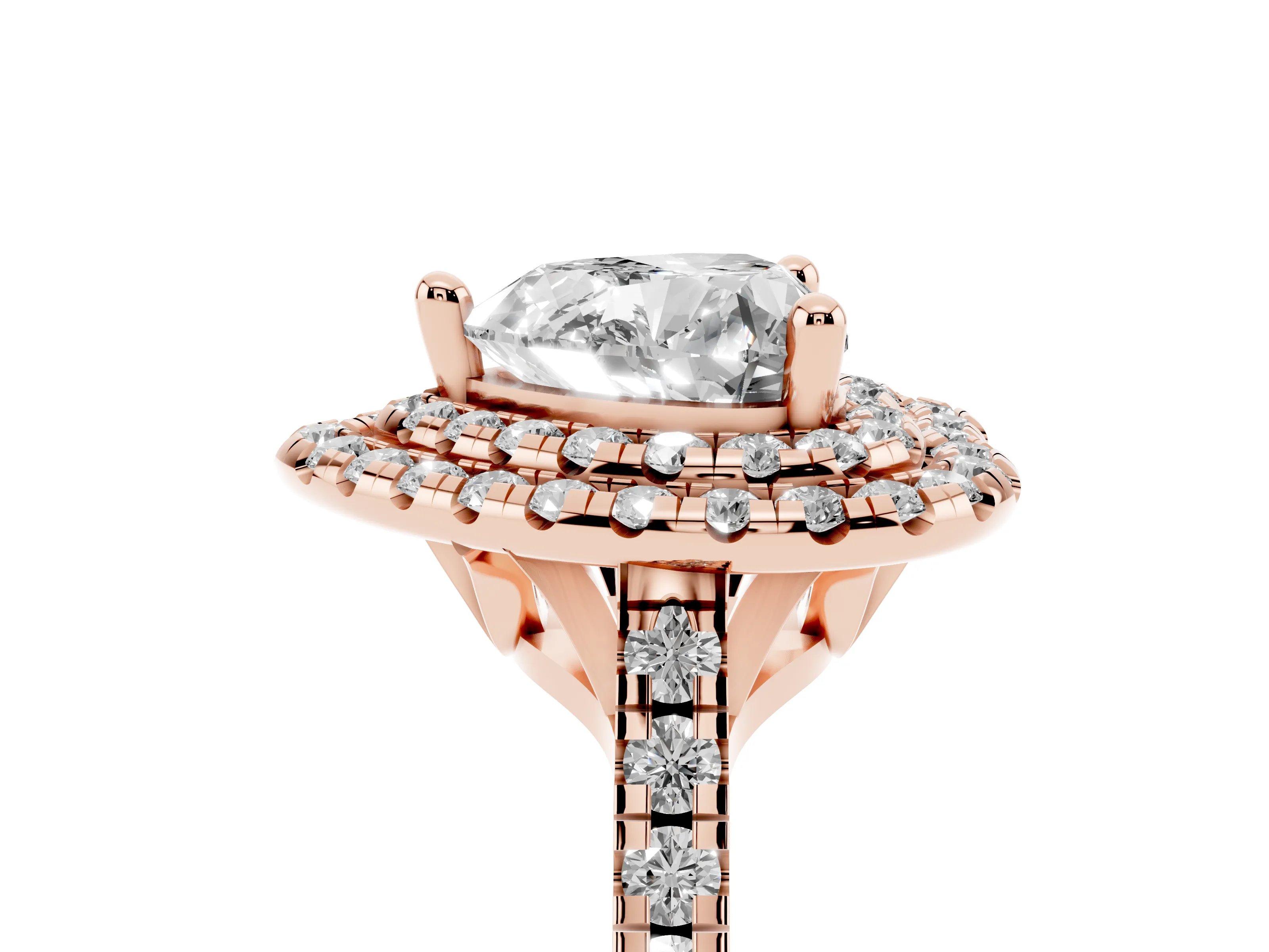 Heart Cut Diamond Double Halo Statement Ring Set in Rose gold with Pavé Band