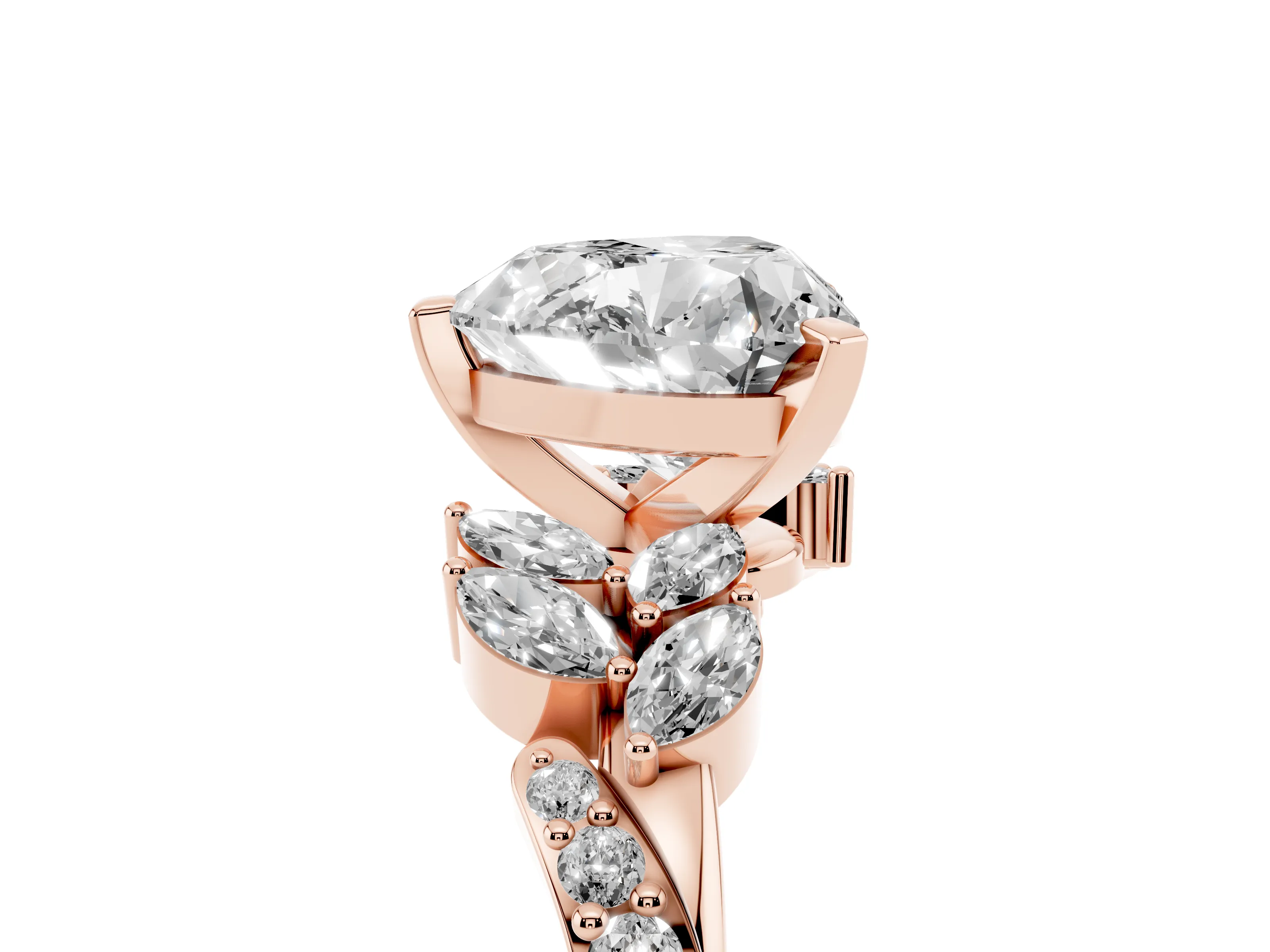 Heart Cut Diamond Solitaire Ring Set in Rose gold with Marquise Twist Band and Prong Setting